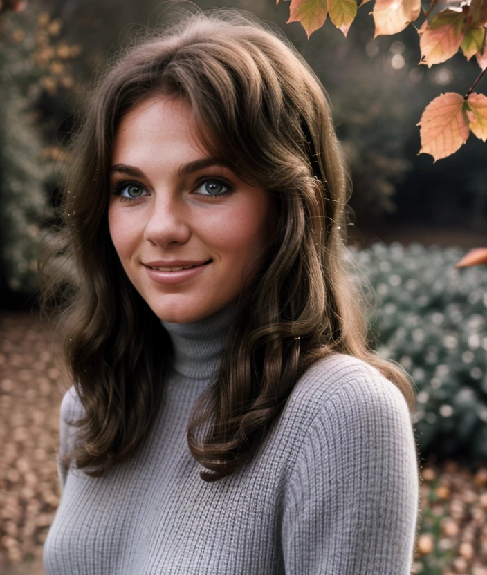 j3c1b1 ,nature background, 60s style, cotton hair, dreamy effect, smile, upper body , Turtleneck, Ultra-HD-details, young woman 