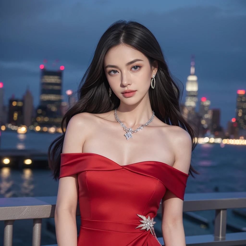 a woman in a red dress, off the shoulder, a woman in a silver dress standing in the sky bar on top of the roof, a blurry  New York City in the background,  smiley face, messed hair, evening, full body photo shoot, dept, [(Jewelry:  huge diamond necklace, diamond ring)], handbag, [nail style: (angel nails), (details on fingers and nails)], pink lips, ((diamond bracelet left-hand side)), RAW candid cinema, 16mm, color graded portra 400 film, remarkable color, ultra realistic, textured skin, remarkable detailed pupils, realistic dull skin noise, visible skin detail, skin fuzz, dry skin, shot with cinematic ,  <lora:cnb5c5le878c73ajdjs0:0.8> milesa,  <lora:detailed_hands:0.8> hand, 8k, best quality, masterpiece, realistic, ultra detail, photo realistic, Increase quality, jagged edges, navy, natural beauty, [:(detailed face:1.2):0.2] <lora:more_details:0.3>,