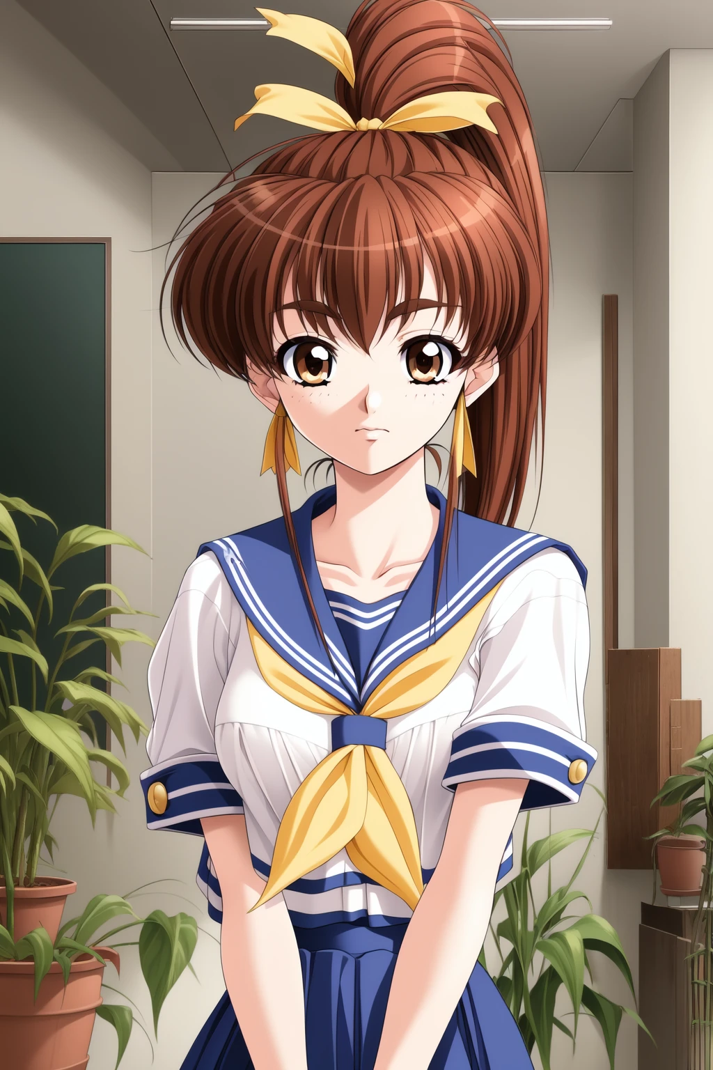 SCORE_9, SCORE_8_UP, SOURCE_ANIME, REALISTIC, FACE FOCUS, CLOSE UP, PORTRAIT, BREAK, 1FEMALE, SOLO, YUNA WAKAO, BROWN HAIR, TWINTAILS, HAIRTIE, AMBER EYES, SMIRK, EXITED, SCHOOL VEST, SHORT BALOONSLEEVES, BOWTIE, MINI SKIRT, SOCKS, LOAFERS, ARMS CROSSED, BREAK, SUNNY DAY, OUTSIDE, PARK SIDEWALK, HIGH RESOLUTION, VIVID TEXTURES