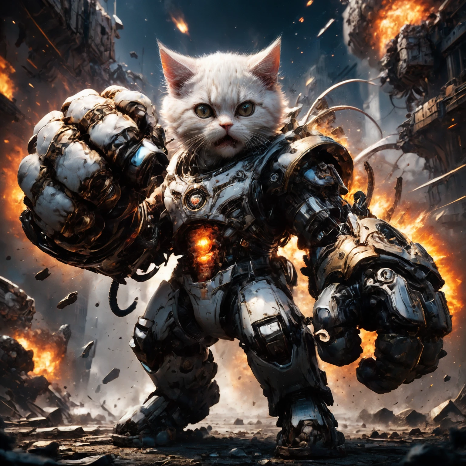amazing quality, masterpiece, best quality, hyper detailed, ultra detailed, UHD, HDR, DOF, depth of field, perfect anatomy, sci-fi,
kitten, (white hybrid gold) giant mechanical arms, fighting stance, fist, hand up, extremely angry,
glowing, shine, dazzling, war, explosion in background, flame in background,
<lora:cfc-giant-mechanical-arms:0.7>,
<lora:ral-vlntxplzn:0.8>, ral-vlntxplzn,
<lora:add-detail-xl:0.85>,
<lora:EnvyBetterHiresFixXL01:1.0>,
<lora:extremely_detailed:1.2>, extremely detailed,