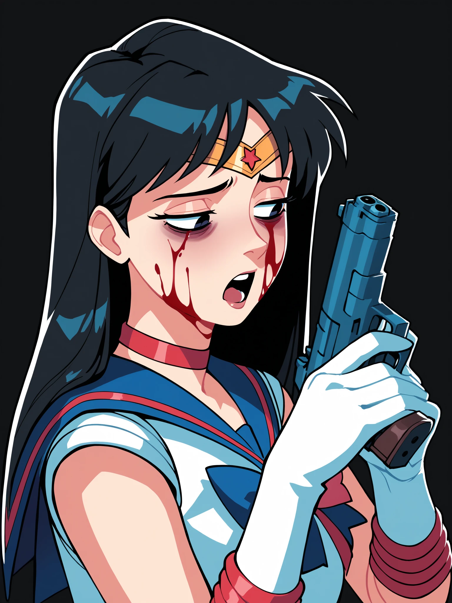 score_9, score_8_up, score_7_up, score_6_up, score_5_up, score_4_up, rating_safe
BREAK
sailor mars, circlet, black hair, black eyes, looking away, tired, half-closed eyes, bags under eyes, sigh, open mouth, looking down, blood on face, blood splatter,
BREAK
solo, portrait, magical girl, red serafuku, from side, holding gun, handgun, blood on weapon,
BREAK
black background, <lora:Lunas-Suoiresnu-SDXL-A1:1>
