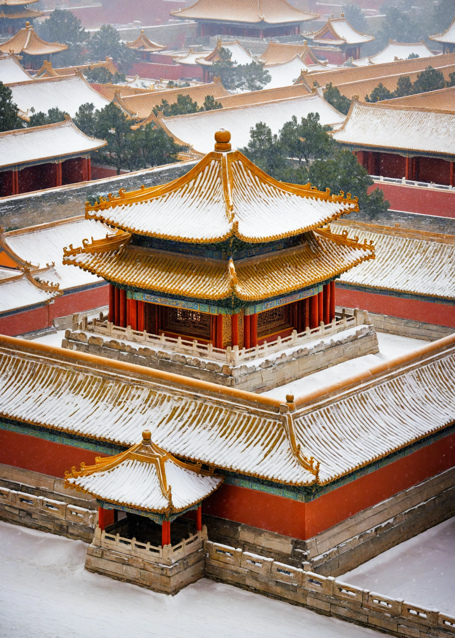 <lora:æ
宫:1>,The Forbidden City,no humans,
This image showcases an exquisite display of traditional East Asian architecture,most likely from China. The scene is dominated by multi-tiered roofs adorned with intricate designs and patterns. Snow blankets the rooftops,adding a serene and tranquil ambiance to the setting. The pagoda-like structures are ornate,with golden embellishments and colorful tiles. The overall scene is a blend of nature's beauty and human architectural artistry,capturing the essence of a snowy day in a historic location.,, masterpiece, best quality,