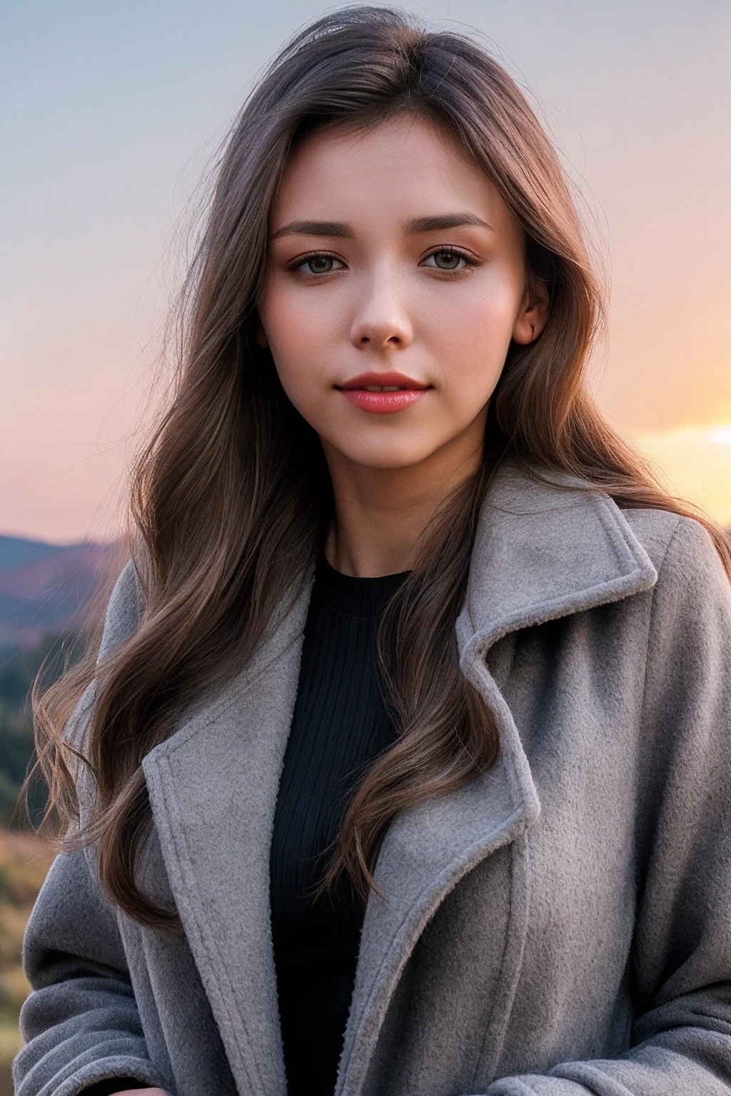 photo of (MilaA_SoloTI_v1:0.99),
a beautiful woman, perfect hair, (modern photo, Steel Gray Wool-blend cocoon coat in a modern geometric pattern for a chic look:1.1), closeup portrait, 85mm, (analog, cinematic, film grain, hazy atmosphere:1.3), ((outside, sky and hills background, sunset:1.2)), detailed eyes, (painted lips), (seductive),(looking at viewer), earrings, (cinematic shot:1.3)