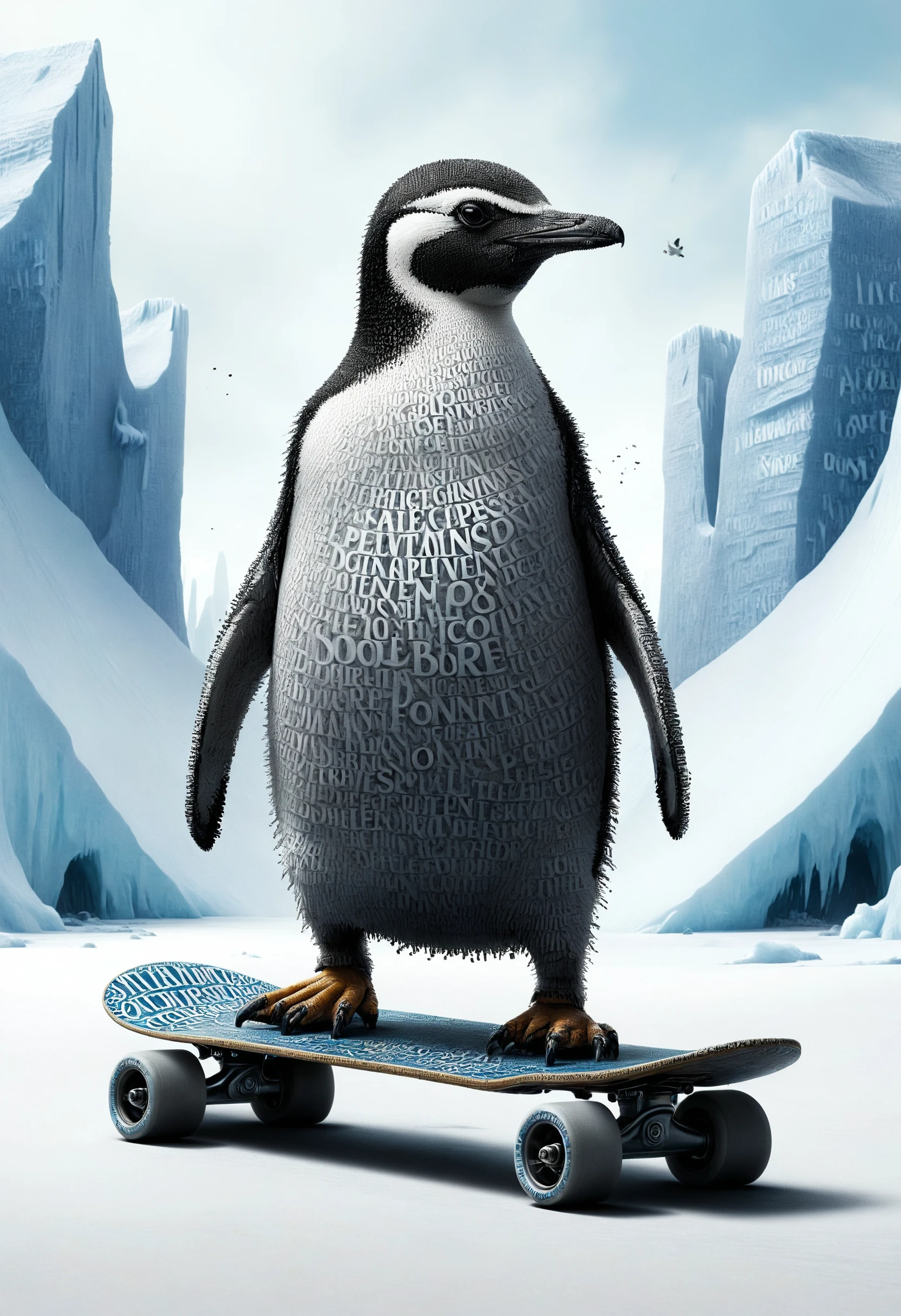 a penguin riding a skateboard, the dreamlands in polar ice cap biome <lora:dvr-txt:1> dvr-txt