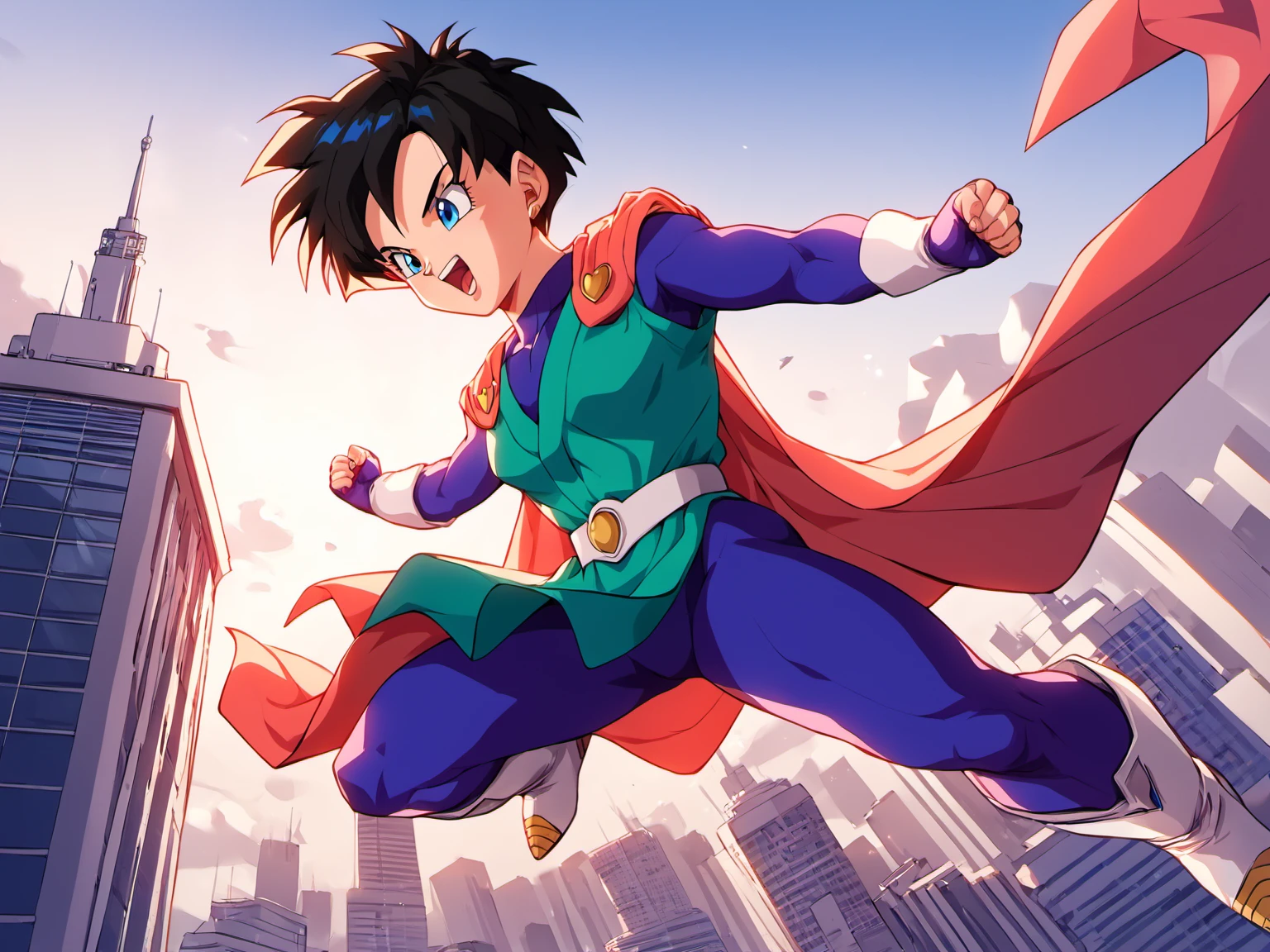 Saiyawoman, 1girl,  blue eyes, (cape:0.8), shadows, cityscape,  blue eyes, short hair, spiked hair,  <lora:VidelSDXLMulti-Test-16-16-C-Test-2:0.85>, masterpiece, best quality,  absurdres, perfect lighting, score_9,  score_8_up, score_7_up source_anime,  (flying), fighting stance, superhero,