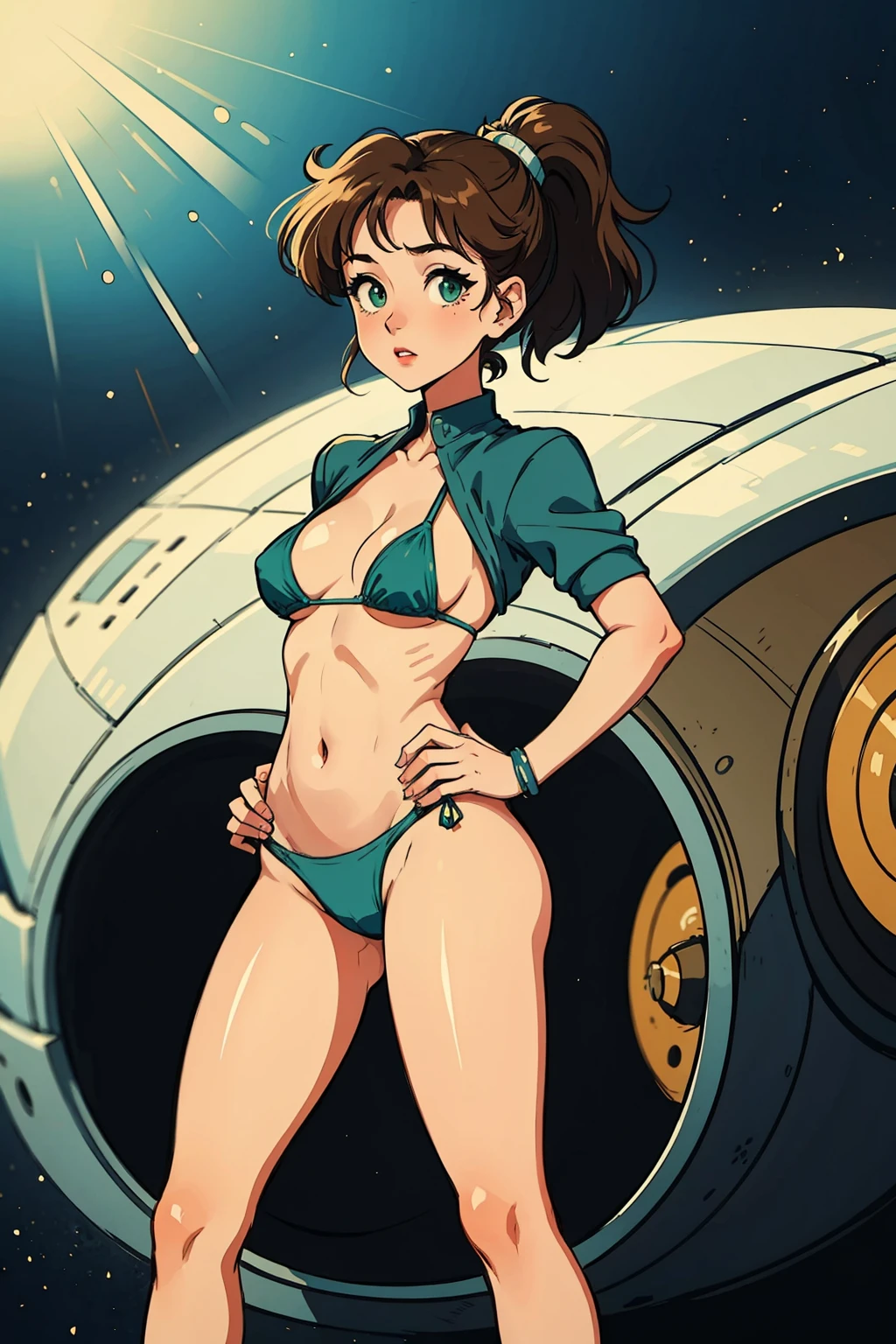 masterpiece, best quality, 1girl, solo, looking at viewer, facing viewer, retro artstyle,1990s \(style\), (art by Naoko Takeuchi),  mosaic art, spaceship, day, pray hand on hip, sparkling eyes <lora:EPsmSailorJupiter-12:0.7>, EPsmSailorJupiter, green eyes, brown hair, long hair, ponytail
BREAK
micro bikini, miniature microscopic microbikini <lora:exMicroBikini_v1:0.6:MIDD>[::2]