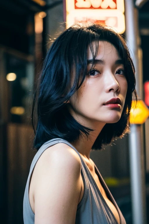 Best quality,masterpiece,ultra high res,(photorealistic:1.2),1girl,in the dark,deep shadow,low key,slim body,undone hair,taipei street alley,dynamic pose,face closeup,(cleavage:0.8),medium breasts,<lora:janel_tsai:0.9>,