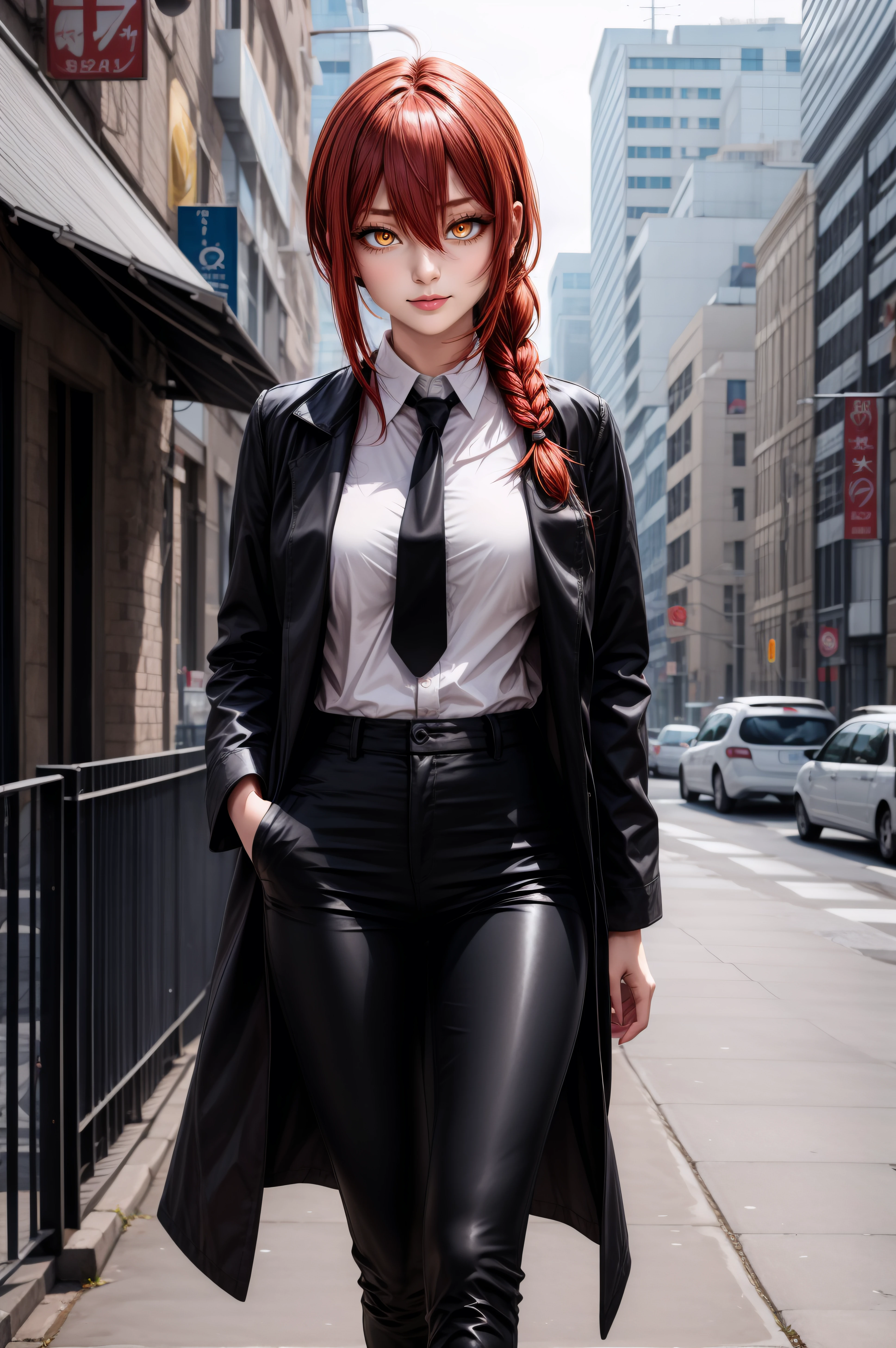 (masterpiece, best quality), <lora:makima-lora-Faxtron:0.8> makima, woman, yellow eyes, ringed eyes, red hair, long hair, braided ponytail, hair between eyes, medium breasts, bangs, long sleeves, white shirt, black coat, black pants, black necktie, black shoes,
<lora:add_detail:0.8>,