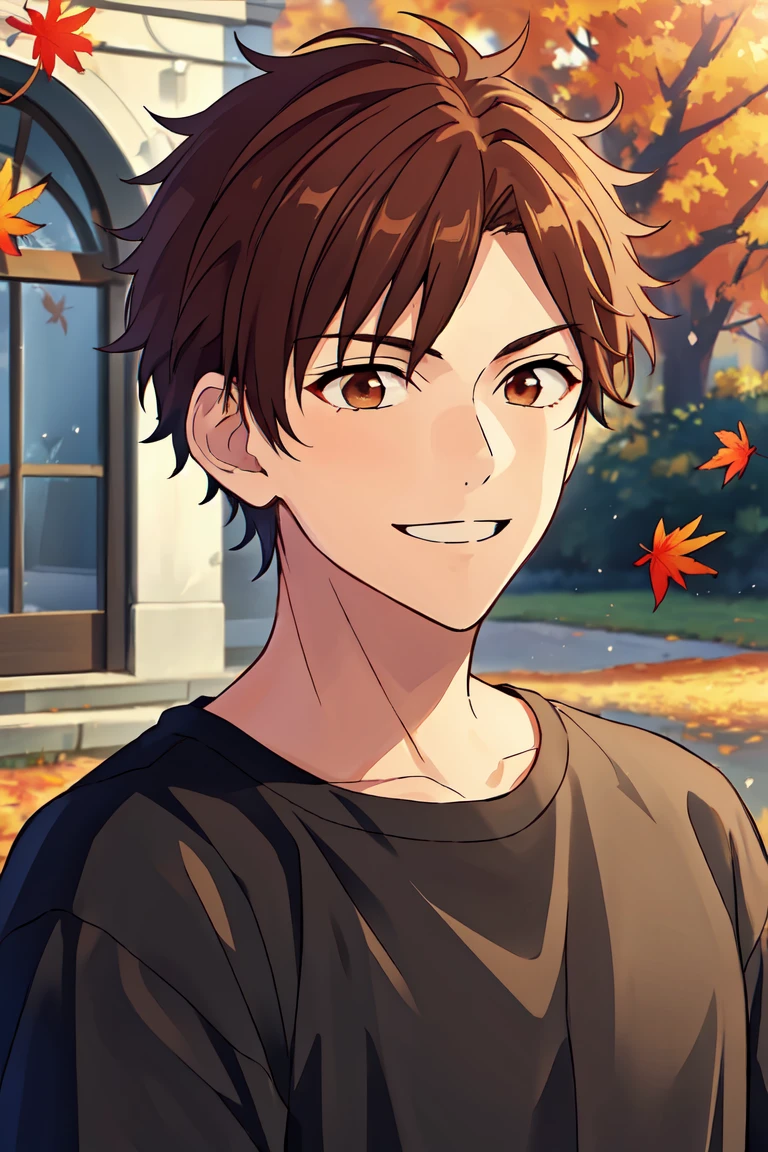 (((best quality, high resolution, masterpiece, very detailed))), <lyco:husbandoLocon_v4:0.7>, anime screencap, 1boy, solo focus, male focus, short hair, depth of field, muscular male, outdoor, smile <lora:Chiaki_Morisawa:0.7> chiakimorisawa, brown hair, brown eyes, autumn, autumn leaves, very aesthetic,