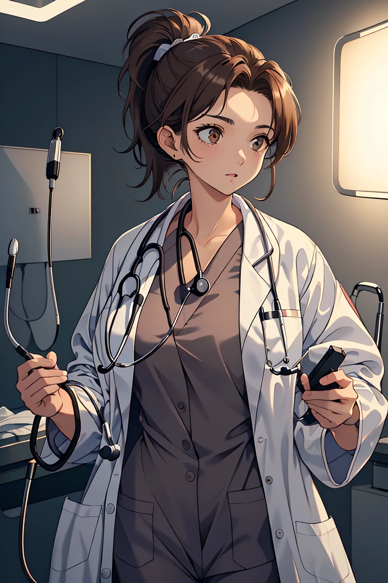 (RAW photo, best quality), 1girl, operating room, overhead surgical light, dslr, blurred background, focused,
 <lora:Klaviana_V1.0-000006:0.6> (klaviana,brown hair, brown eyes,folded ponytail, 1990s (style)), 
 <lora:0- CL - Doctor Uniform V2:0.8> doctor_uniform, labcoat, stethoscope, doctor,