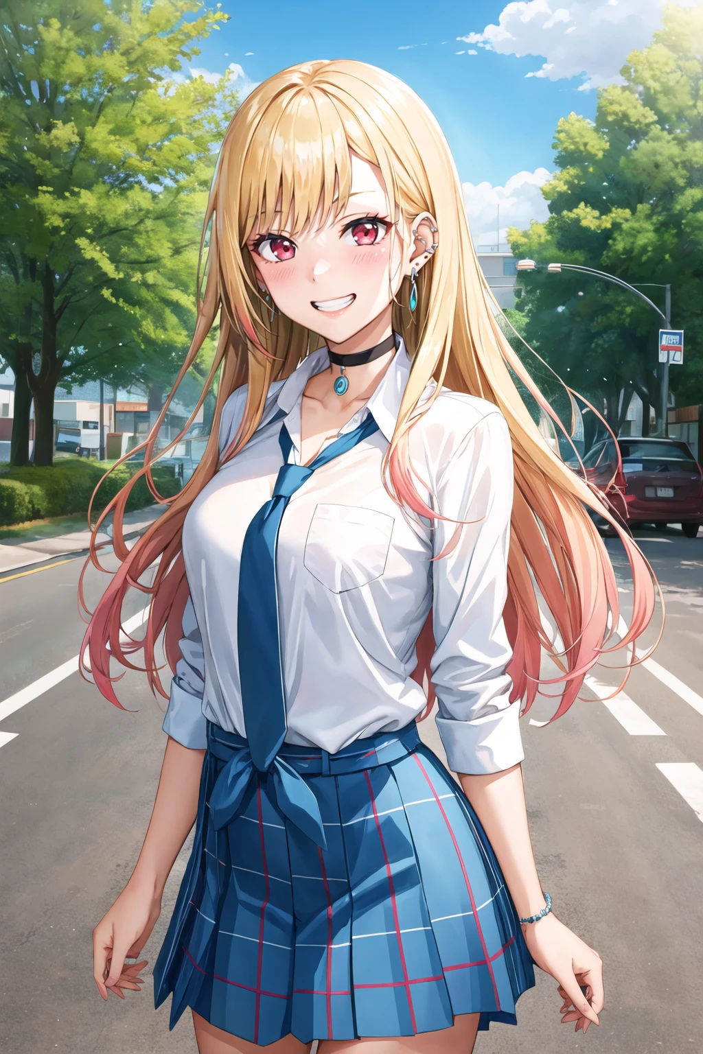 masterpiece, best quality, highres, kitagawa marin, 1girl, blonde hair, long hair, multicolored hair, red eyes, jewelry, earrings, piercing, school uniform, white shirt, tied shirt, black choker, blue necktie, plaid skirt, <lora:kitagawa_marin_v1-1:0.7>, grin, smile, standing, cowboy shot, outdoors, blue skirt <lora:blastbeat-Style-000042:1>