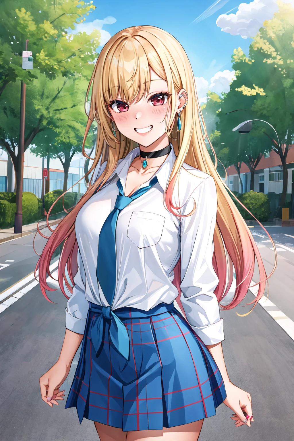 masterpiece, best quality, highres, kitagawa marin, 1girl, blonde hair, long hair, multicolored hair, red eyes, jewelry, earrings, piercing, school uniform, white shirt, tied shirt, black choker, blue necktie, plaid skirt, <lora:kitagawa_marin_v1-1:0.7>, grin, smile, standing, cowboy shot, outdoors, blue skirt <lora:tf-cafe-Style-000042:1>