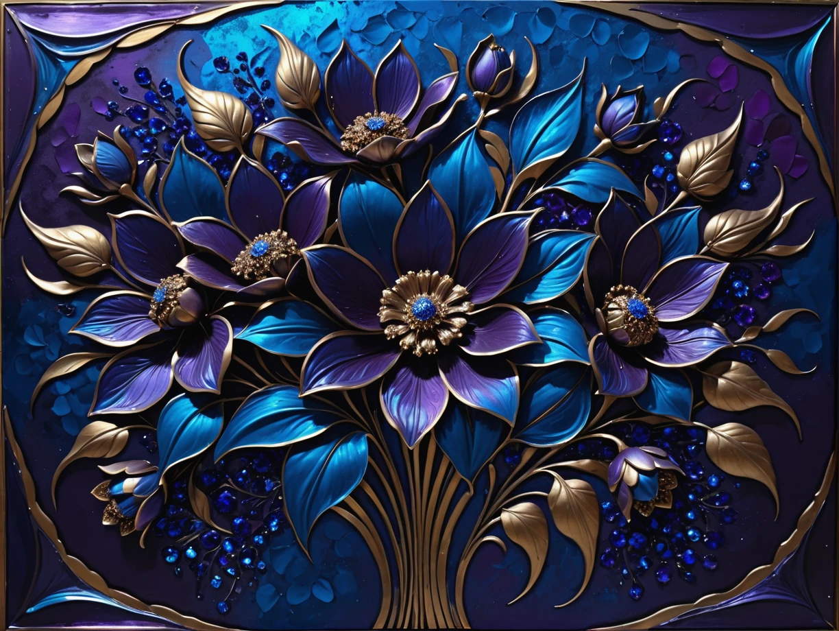 surrealism painting, 16k, extreme detail, fine textures, ((deep shadows)), dark, sharp lines, , A bunch of blooming flowers,the petals show different shades of blue and purple,the center is embellished with brass texture,sparkling,elegant and unique,gently swaying,mysterious and charming,realistic <lora:Artists_Edge-000006:0.4>