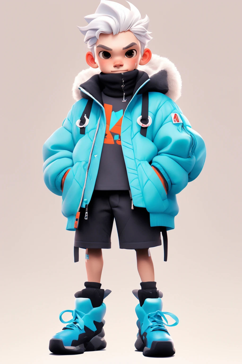 popmart,1boy,shorts,white hair,cyan jacket,light,gradient of color,shine