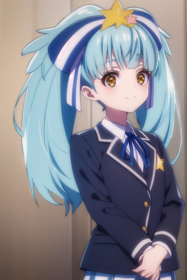 lilyhoshikawa, <lora:lily hoshikawa s2-lora-nochekaiser:1>,
lily hoshikawa, hair ornament, ribbon, twintails, (brown eyes:1.5), blue hair, hair ribbon, star \(symbol\), aqua hair, star hair ornament, smile,
BREAK skirt, school uniform, blazer, black blazer, shirt, white shirt, collared shirt, long sleeves, white skirt,
BREAK outdoors,
BREAK looking at viewer, (cowboy shot:1.5),
BREAK <lyco:GoodHands-beta2:1>, (masterpiece:1.2), best quality, high resolution, unity 8k wallpaper, (illustration:0.8), (beautiful detailed eyes:1.6), extremely detailed face, perfect lighting, extremely detailed CG, (perfect hands, perfect anatomy),