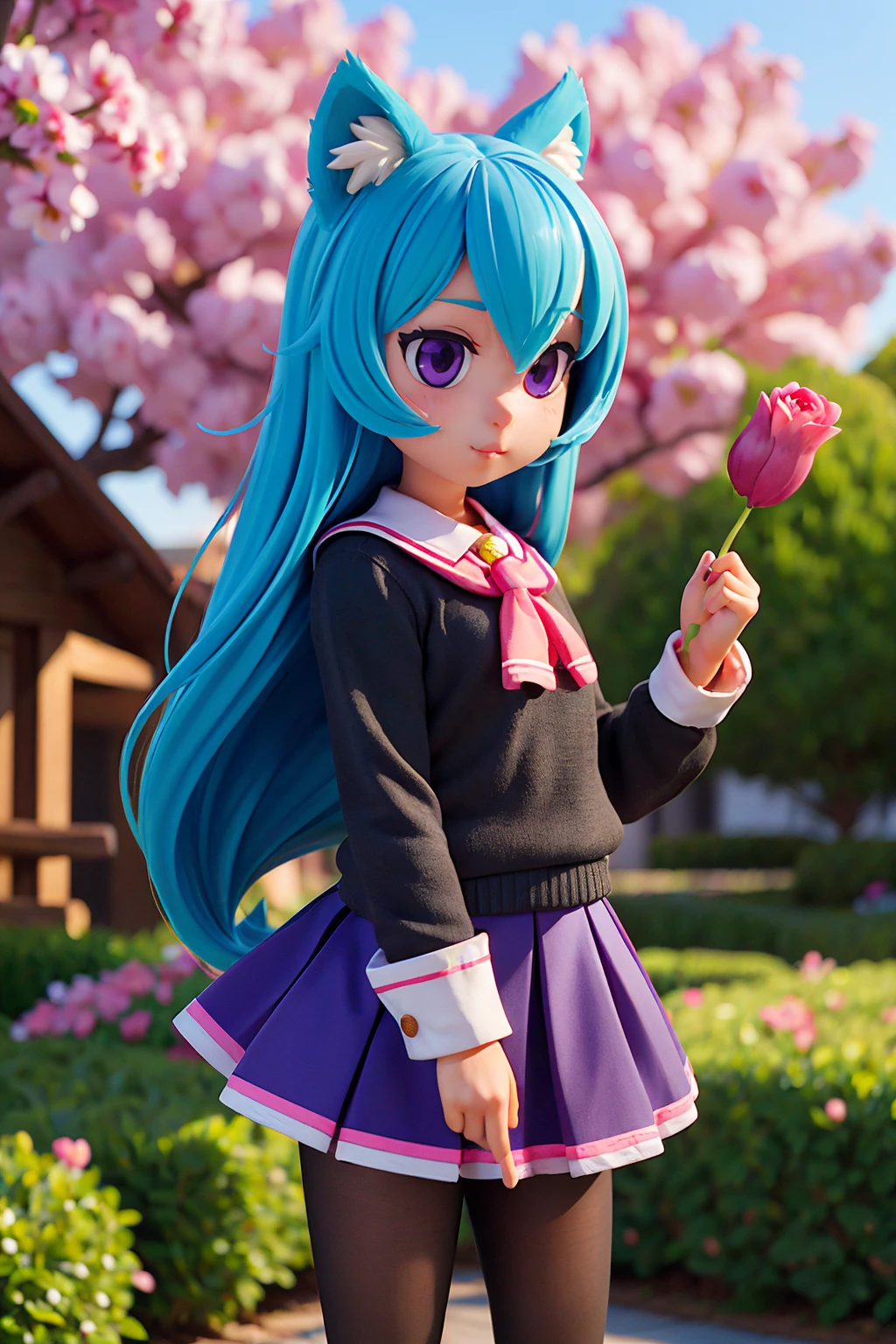 (2d:1.2), wide shot, (dynamic angle:1.1), outline, ((thick lineart)), cover, stylish, official art, (details:1.2), (fantasy), garden, (bloom:1.1), glow:0.2, shadow, nature, cherry blossoms, particles, (depth of field), sharp focus, (volumetric lighting), (bokeh:0.6), film grain:0.4, (soft lighting:1.1), tzummn, long hair, blue hair, animal ears, purple eyes, cat ears, ahoge, school uniform, looking at viewer, skirt, sweater, cat tail, pantyhose, <lora:Miniwa_Tsumiki_10_01:0.5>