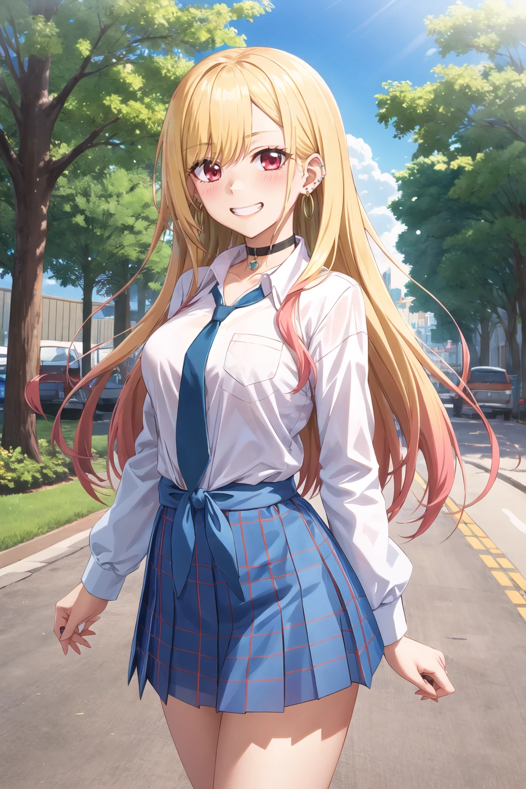 masterpiece, best quality, highres, kitagawa marin, 1girl, blonde hair, long hair, multicolored hair, red eyes, jewelry, earrings, piercing, school uniform, white shirt, tied shirt, black choker, blue necktie, plaid skirt, <lora:kitagawa_marin_v1-1:0.7>, grin, smile, standing, cowboy shot, outdoors, blue skirt <lora:mizunashi-Style_1290432:1>