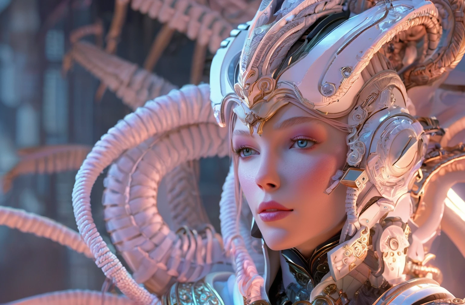 concept art FN Concept, Concept map, film and television special effects concept, cyber technology, ultra high definition face, describe this image in a very detailed manner. a female character from 'love, her white, armored suit adorned with intricate details and a helmet featuring a visor. her hair is styled in a braided ponytail, and her expression is one of contemplation. the scene is bathed in a palette of blues and purples, with a hint of red, creating a mood of serene anticipation.<lora:FN_concept-000010:1>, . digital artwork, illustrative, painterly, matte painting, highly detailed