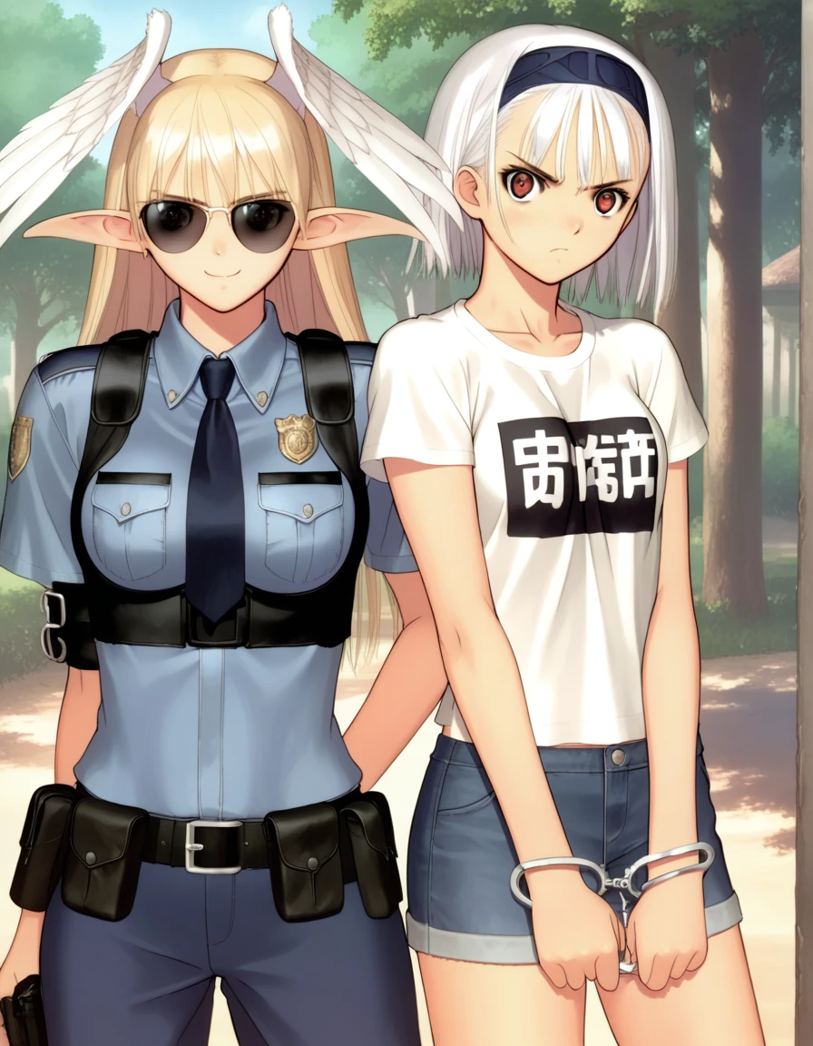 score_9, score_8, score_7, source_anime,
<lora:shining-ponyxl-000043:0.5>
2girls, arrest, outdoors
art by (tony taka:0.8)
BREAK
elwng, elf, head wings, pointy ears, policewoman, sunglasses, smirk
BREAK
stbn, red eyes, short hair, white hair, hairband, casual, handcuffs, angry