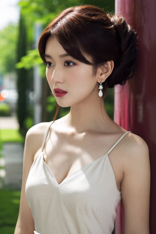 ((Realistic lighting, Masterpiece: 1.3)), (raw photo:1.2), Hyperrealist portrait gorgeous Beautiful mature woman, 35 years old, Beautiful breast, perfect body, ((white smooth skin: 1.6)), ((wearing luxury dress), (luxury jewelry)), beautiful lustful eyes, very detailed eyes and face, charming serious face, (heavy makeup: 1.5), (Standing Pose), chignon hairstyle, Best quality, 8K, professional photography, park background, full body
