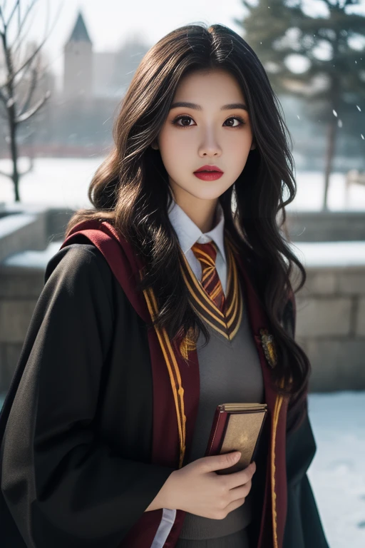 ltra-detailed,highly detailed,best quality,masterpiece,illustration,realistic,photorealistic,
1girl, solo, cosplay, 
gryffindor uniform, hogwarts school uniform, 
looking at viewer, upper body, 
outdoors, winter, photo background, 
 <lora:gryffindor uniform_v1_02:0.9>