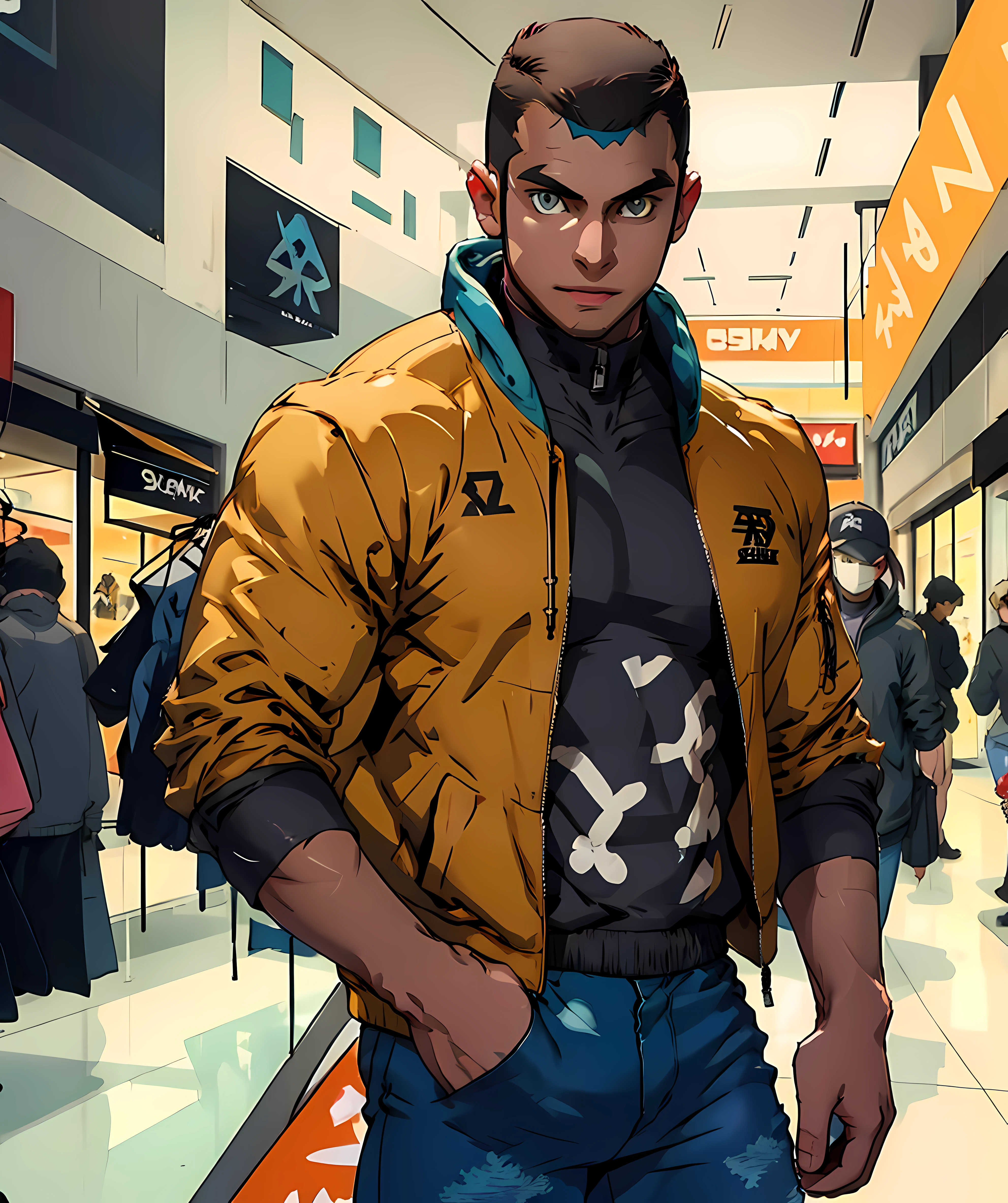 aqua_admin_matt, muscular, looking at viewer, jacket, hoodie, long pants, shopping mall, indoor <lora:Aqua_Admin_Matt:0.85>
