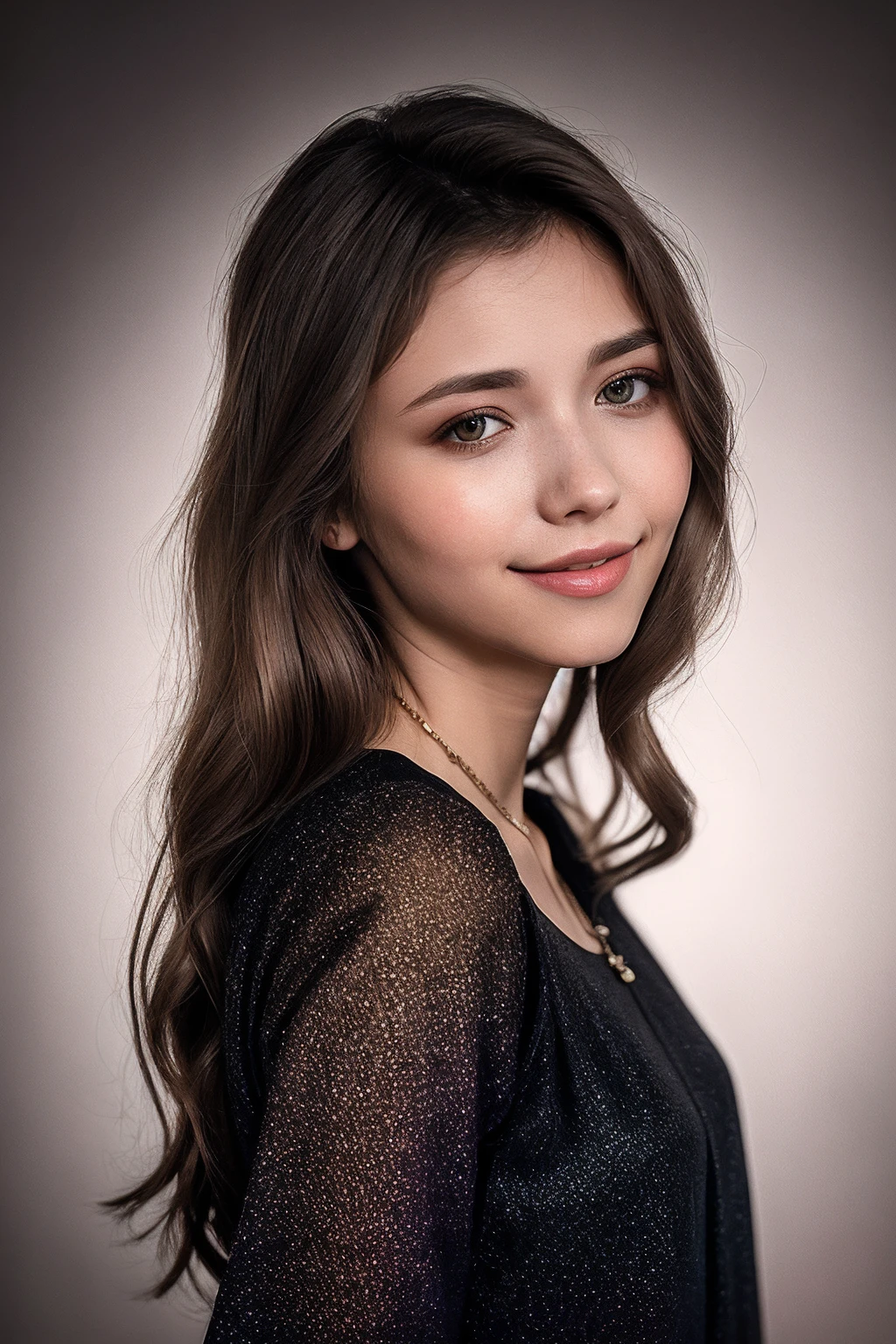 MilaA_SoloTI_v1, a woman, perfect hair, posing, (vintage photo, tunic), (closeup portrait), necklace, 24mm, (tintype), (analog, cinematic, film grain:1.3), ((plaing Charcoal Gray background, gradient)), ((detailed eyes)), smiling, (epicPhoto)