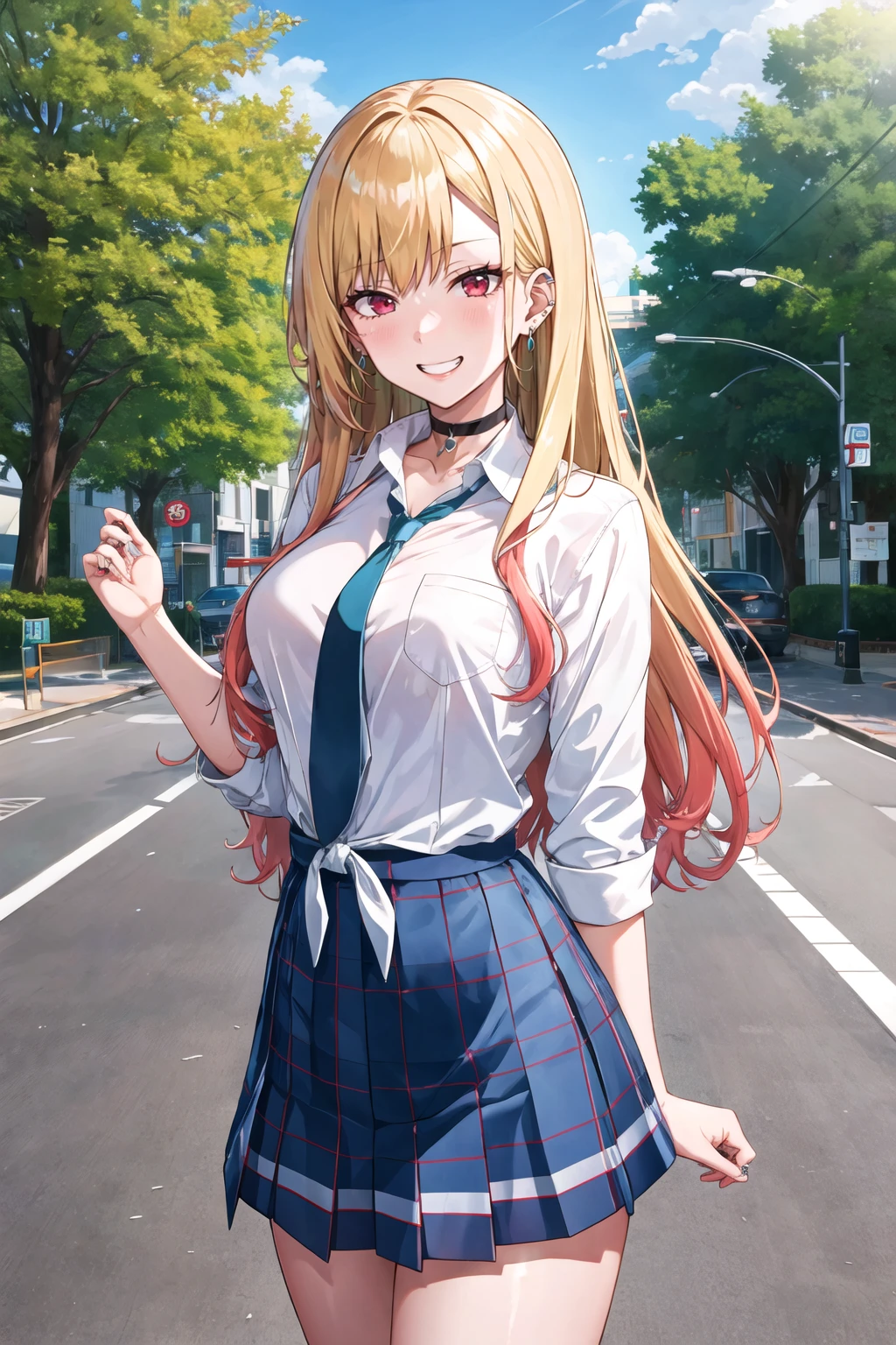 masterpiece, best quality, highres, kitagawa marin, 1girl, blonde hair, long hair, multicolored hair, red eyes, jewelry, earrings, piercing, school uniform, white shirt, tied shirt, black choker, blue necktie, plaid skirt, <lora:kitagawa_marin_v1-1:0.7>, grin, smile, standing, cowboy shot, outdoors, <lora:mitsudomoe-Style:1>