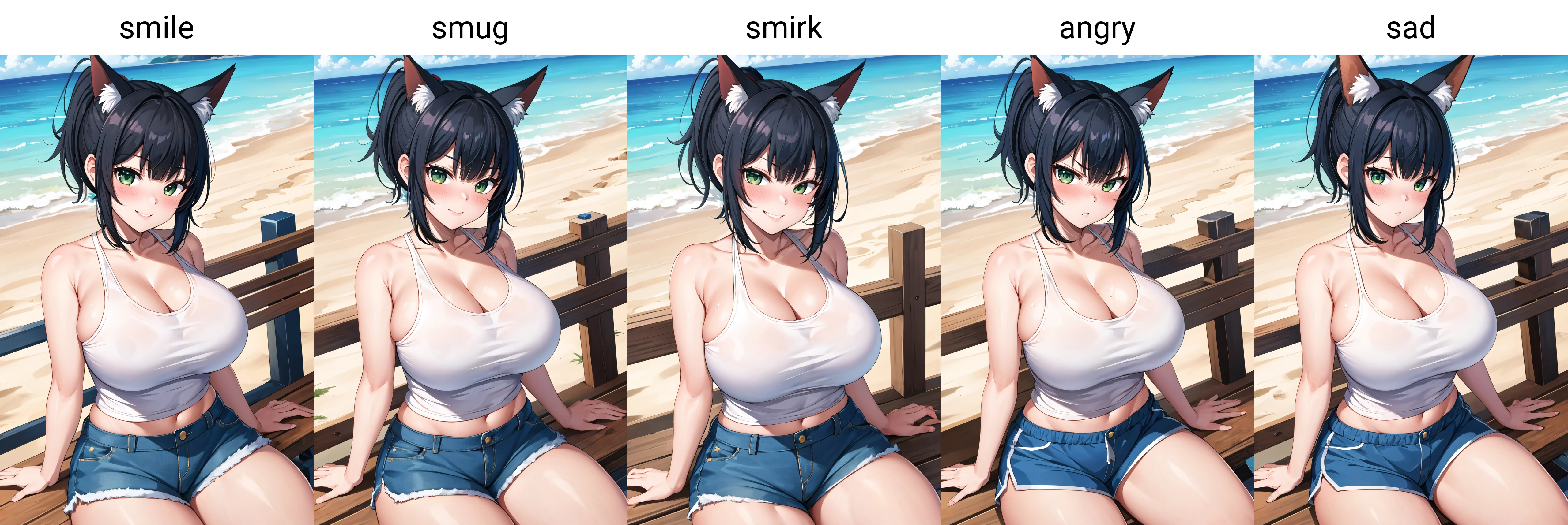 masterpiece, best quality, 1girl, solo, sitting, on bench, outdoors, beach, tank top, (white tank top:1.2), (black hair:1.2), green eyes, (smile), ponytail, blunt bangs, short hair, huge breasts, blue shorts, fox ears,  <lora:tf-cafe-Style-000042:1>