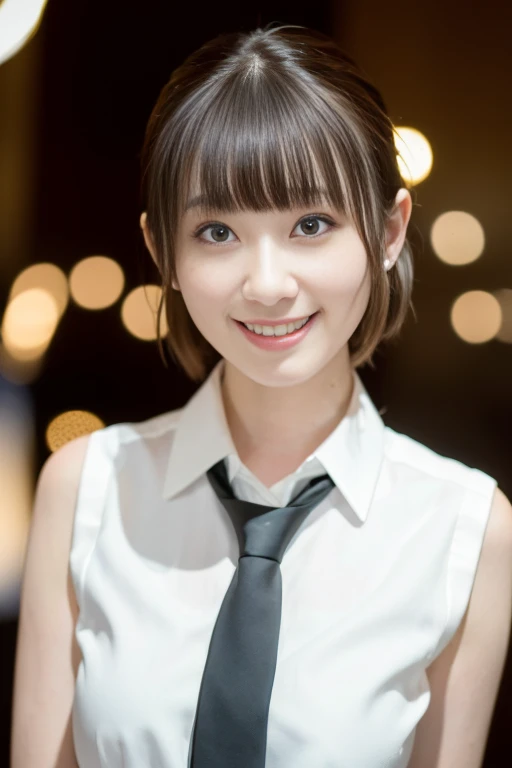1girl, (black necktie, sleeveless white shirt:1.4),(RAW photo, best quality:1.4), (realistic, photo-realistic:1.4), masterpiece, an extremely delicate and beautiful, extremely detailed, 2k wallpaper, Amazing, finely detail, extremely detailed CG unity 8k wallpaper, ultra-detailed, highres, soft light, beautiful detailed girl, extremely detailed eyes and face, beautiful detailed nose, beautiful detailed eyes,cinematic lighting,(blurry,bokeh backgound:1.6),(city:2.0),perfect anatomy,(slender body:1.4),(close up face:1.6),(smile,Friendly, warm:1.6),(looking at viewer:1.8),(japanese idol:1.4), (brown short hair:1.6), (brown eyes:1.4),(cleavage:0.8), (standing:1.8), <lora:fujiiayaka_lora-01:0.8>