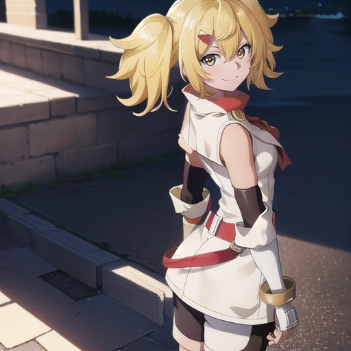 , masterpiece, Highest Quality, Highest Resolution, perfect background, perfect perspective, sharp image, perfect details, perfect lighting, perfect shadows, Perfect lighting, Best anime, background, 1girl, solo, twin tails, blond hair, hair in between eyes, boots, gloves, gaunlets, gold eyes, hair ornament, ahoge, fingerless gloves, white sleevesless jacket, elbow gloves, bike shorts, standing, from behind, looking back at viewer, smile, sunny, tan lighting,