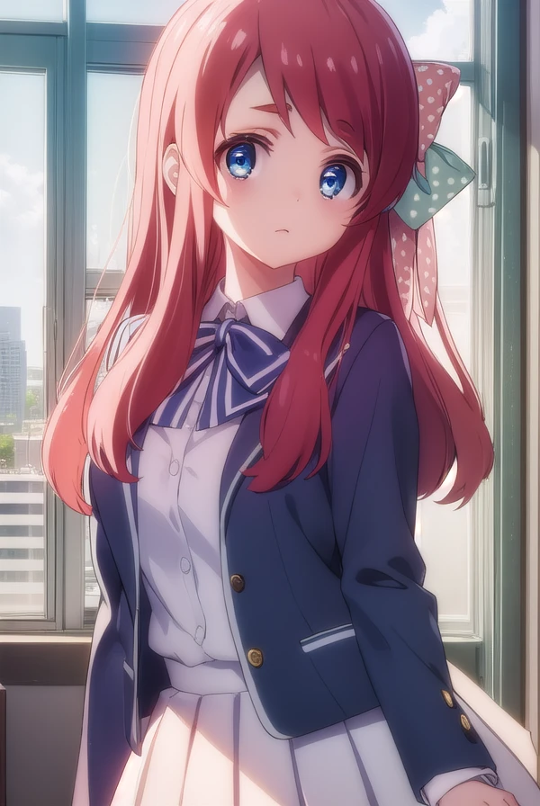 sakuraminamoto, <lora:sakura minamoto s2-lora-nochekaiser:1>,
sakura minamoto, blue eyes, long hair, red hair, one side up, hair bow, green bow, red bow, ahoge, polka dot, polka dot bow,
BREAK bowtie, long sleeves, school uniform, serafuku, skirt, white skirt,
BREAK indoors, classroom,
BREAK looking at viewer, (cowboy shot:1.5),
BREAK <lyco:GoodHands-beta2:1>, (masterpiece:1.2), best quality, high resolution, unity 8k wallpaper, (illustration:0.8), (beautiful detailed eyes:1.6), extremely detailed face, perfect lighting, extremely detailed CG, (perfect hands, perfect anatomy),