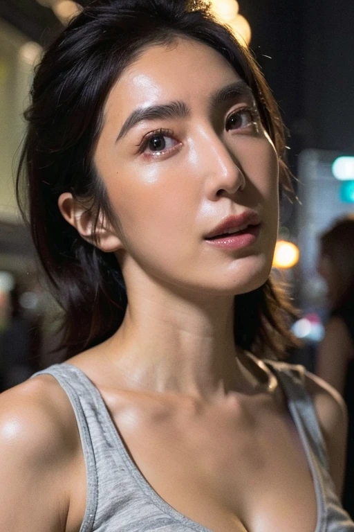 Best quality,masterpiece,ultra high res,(photorealistic:1.2),1girl,in the dark,deep shadow,low key,slim body,taipei street alley,dynamic pose,face closeup,medium breasts,brown hair,<lora:cherry_yang:0.9>,bust,