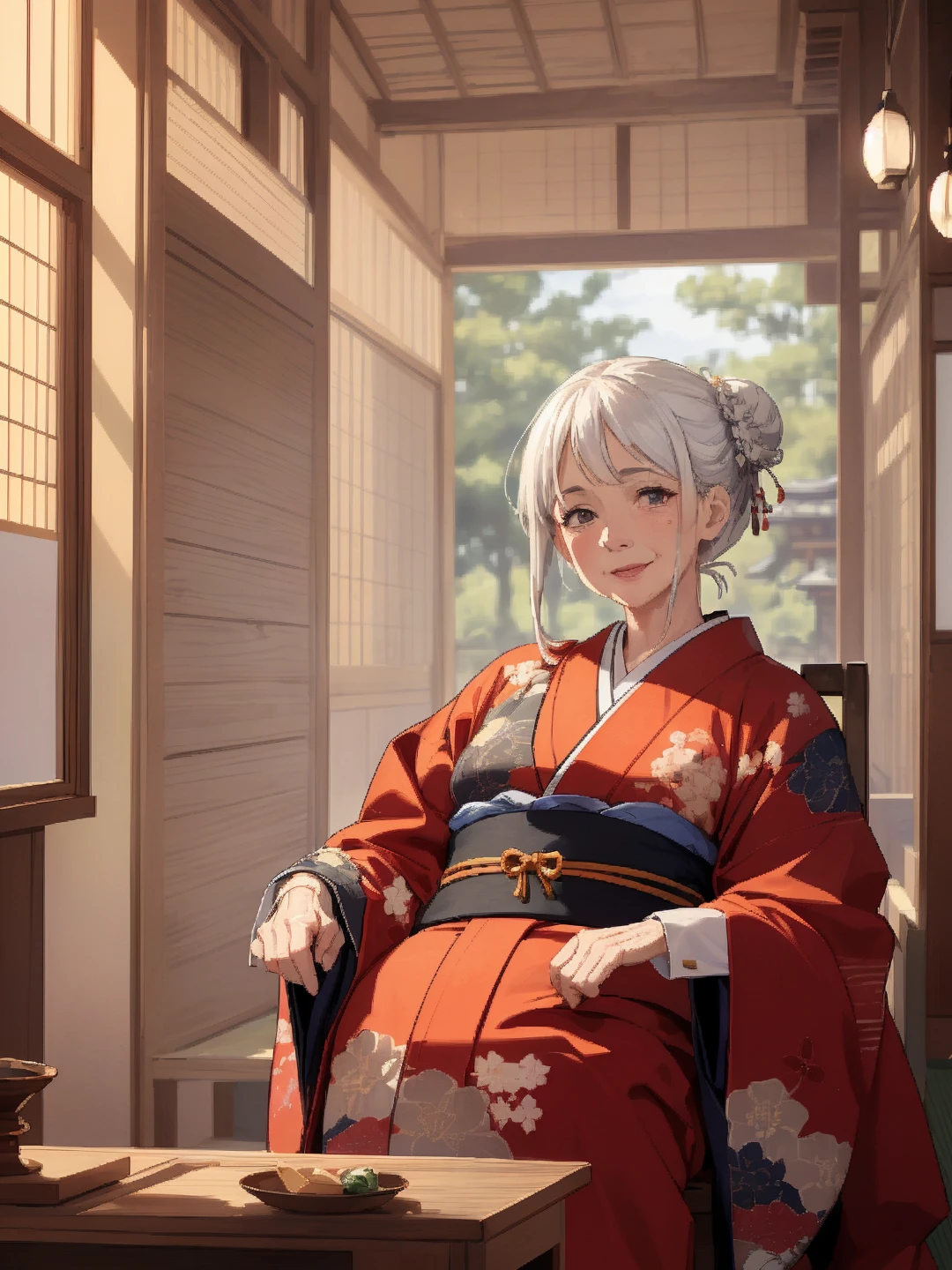 ((extremely detailed illustration)), highres, ((extremely detailed and beautiful background)), (professional illustrasion), (official art), ((Ultra-precise depiction)), ((Ultra-detailed depiction)), (beautiful:1.2 and aesthetic:1.2), beautiful detailed, intricate:1.1, light bloom, soft shadows, (bold line:0.6), 
((old woman:1.6)), (elder:1.5), (slender), ((drooping cheeks)), ((wrinkled skin:1.1)), (gentle nature), black eyes, white hair, medium hair, hair bun, (bent waist:1.2), (short stature), (60 years old:1.5), kimono
, smile politely, sitting, looking at viewer, 
 Lavish Japanese ryokan room with tatami flooring, A small square desk and an old wood-colored chair are placed on a wide rim.