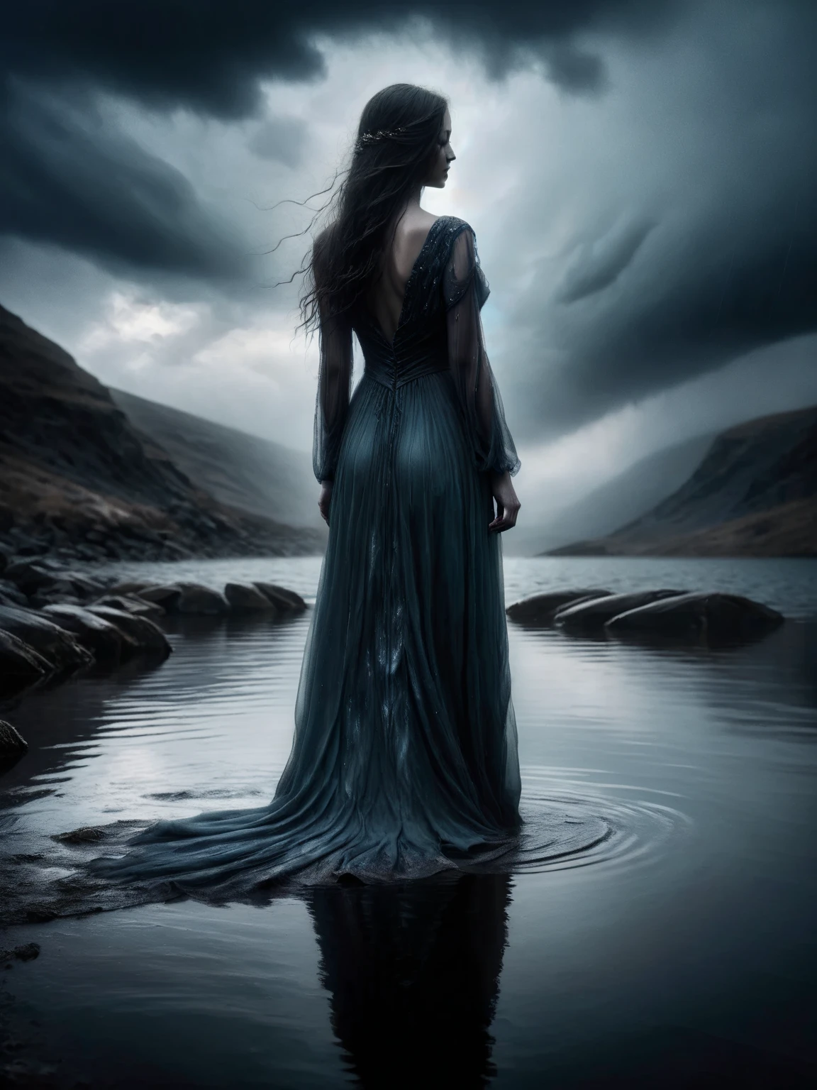 A solitary ais-crsd figure in a long, flowing dress standing at the shore of a dark lake, the water still and reflecting the stormy skies above. <lora:ais-crsd-sdxl:1>