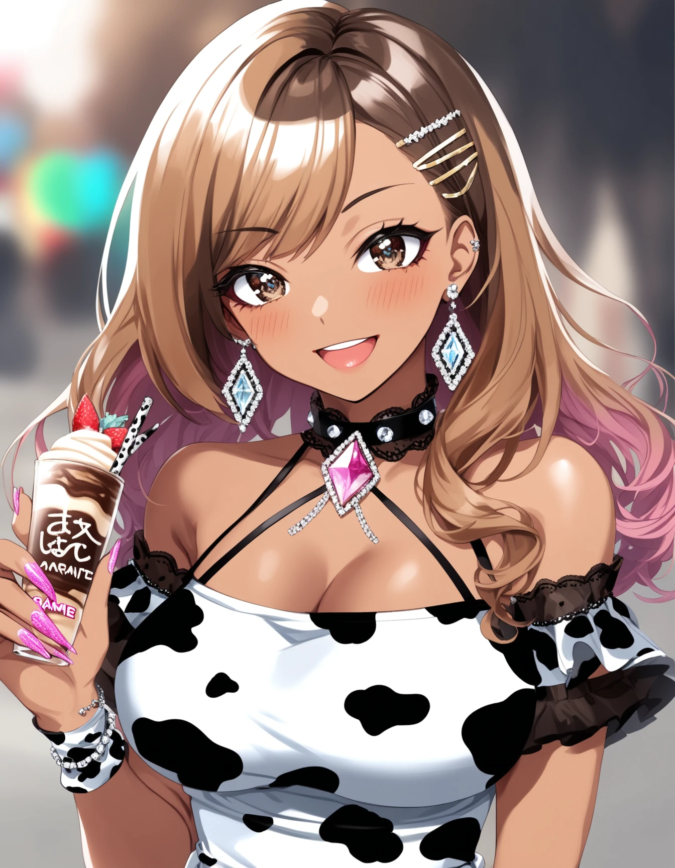 sexy ~*~aesthetic~*~,score_9,score_8_up,score_7_up,score_6_up,score_5_up,score_4_up,rating_safe,anime artwork Gothic style pastel goth,(masterpiece:1.3),(absurdres:1.3),(best quality:1.3),(1girl:1.1),crystal eyes,(gyaru:1.2),(caramel skin:1.2),(cow print:1.3),light smile,large breasts,(tan:1.2),shiny skin,long fingernails,dongtan dress,. Dark . anime style,