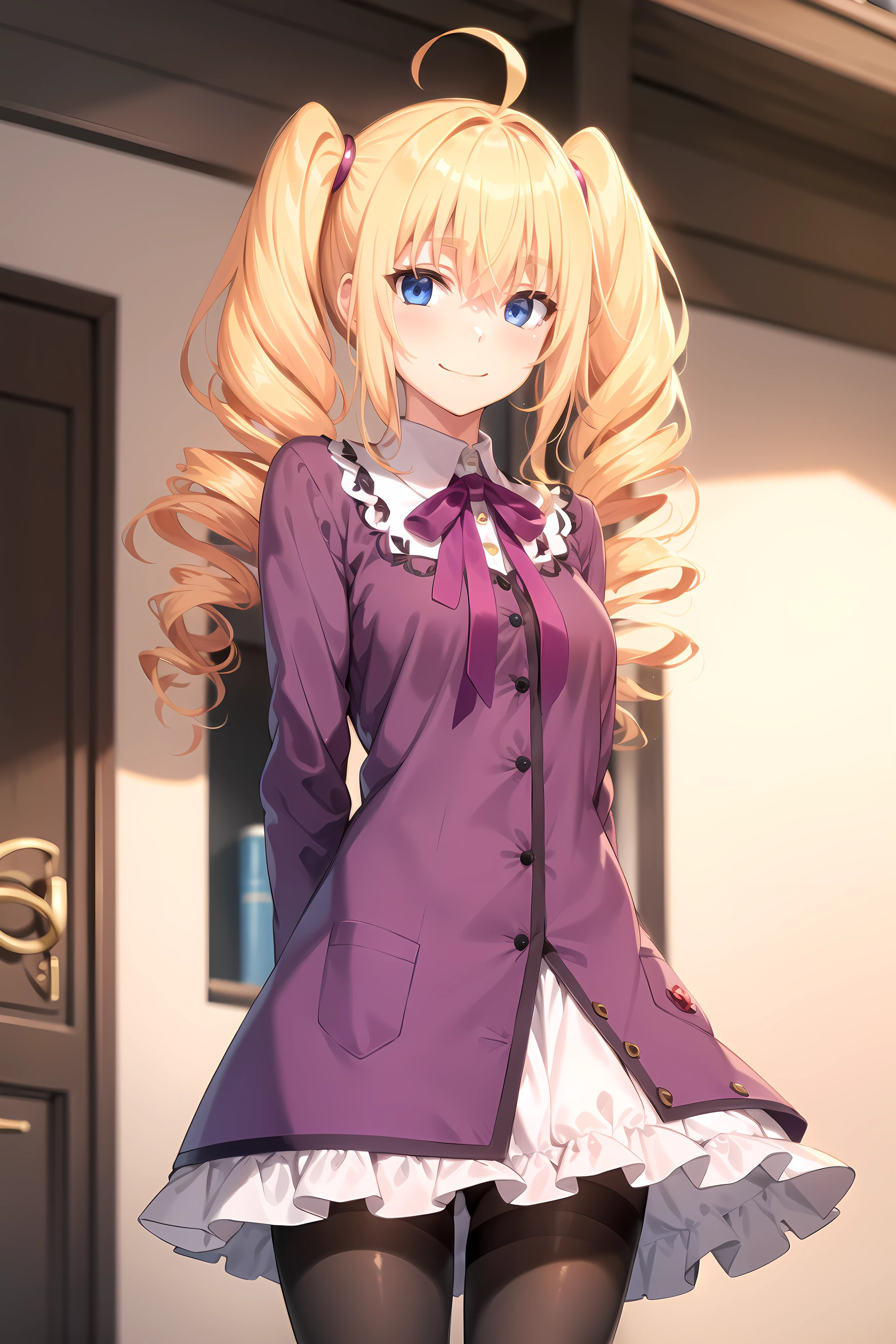 best quality, masterpiece, detailed,
<lora:HighSchoolDxD_PhenexRavel:0.8>, PhenexRavel,
1girl, closed mouth, smile,
blonde hair, blue eyes, twintails, drill hair, hair scrunchie, ahoge,
purple dress, purple ribbon, pantyhose,
looking at viewer,
indoors