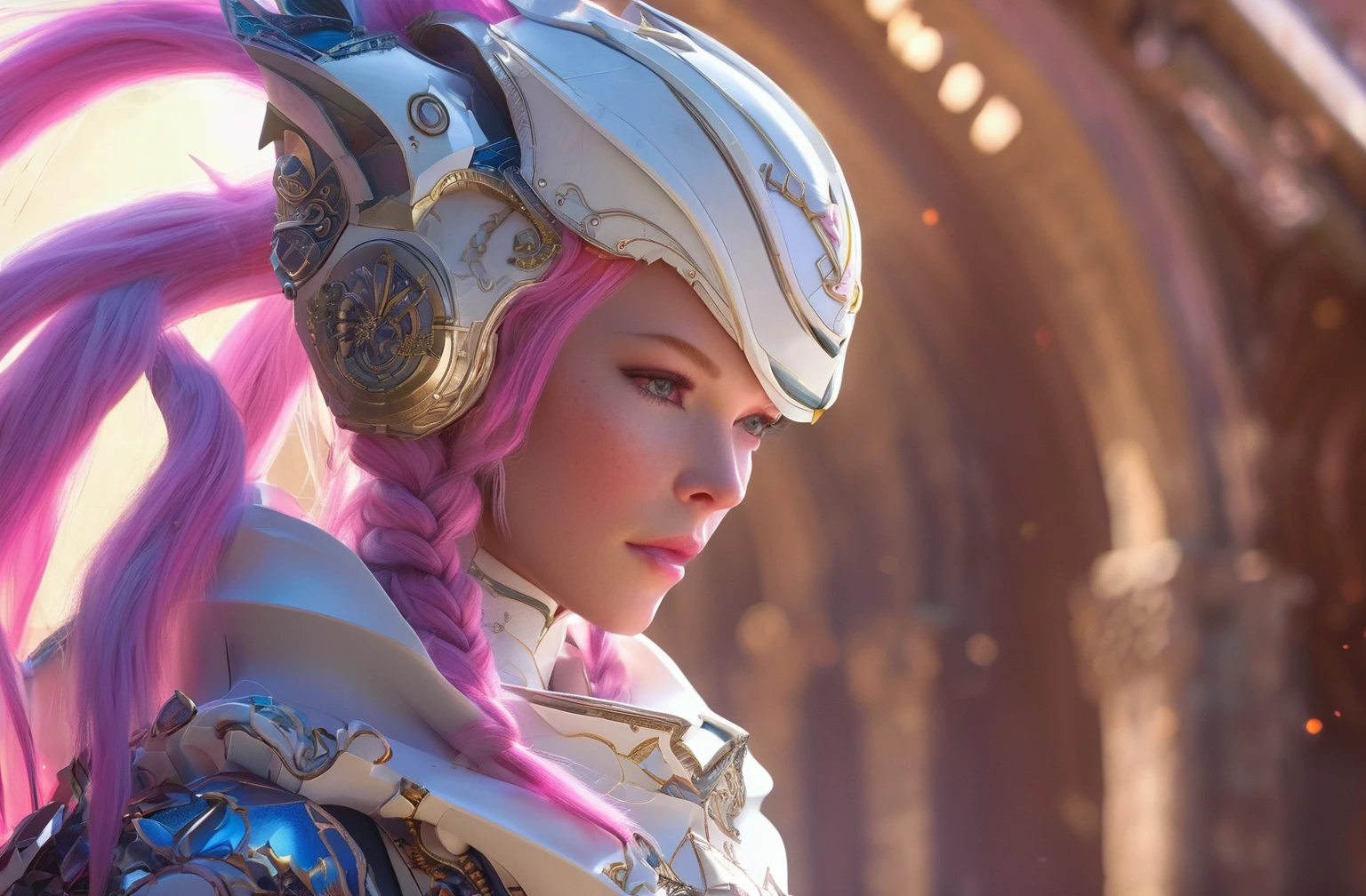 concept art FN Concept, Concept map, film and television special effects concept, cyber technology, ultra high definition face, describe this image in a very detailed manner. a female character from 'love, her white, armored suit adorned with intricate details and a helmet featuring a visor. her hair is styled in a braided ponytail, and her expression is one of contemplation. the scene is bathed in a palette of blues and purples, with a hint of red, creating a mood of serene anticipation.<lora:FN_concept-000010:1>, . digital artwork, illustrative, painterly, matte painting, highly detailed