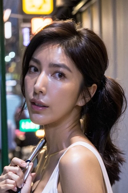 Best quality,masterpiece,ultra high res,(photorealistic:1.2),1girl,in the dark,deep shadow,low key,slim body,taipei street alley,dynamic pose,face closeup,medium breasts,brown hair,<lora:cherry_yang:1>,high ponytail,