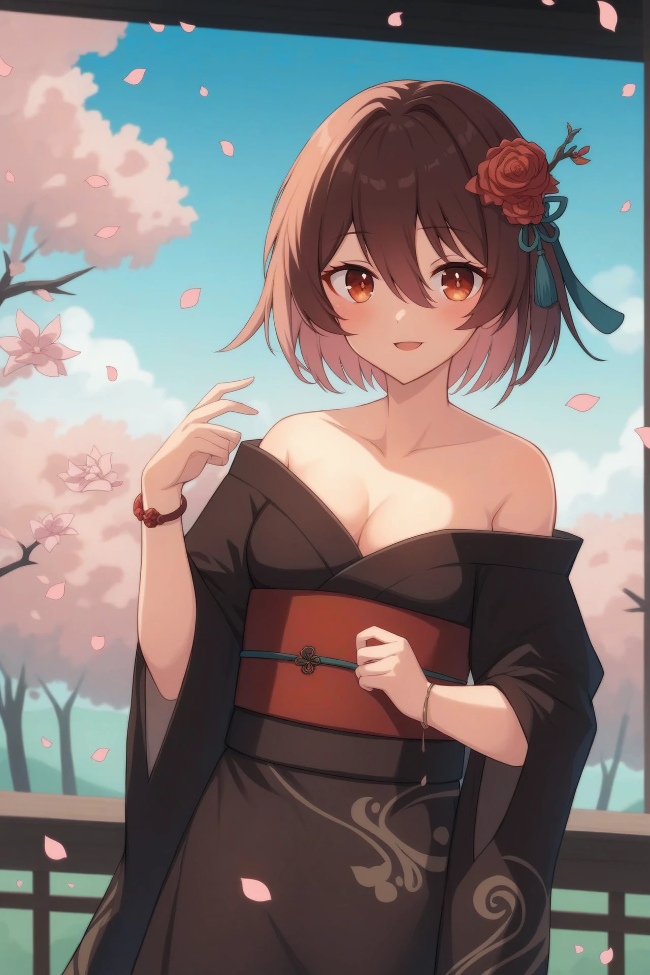 score_9, score_8_up, score_7_up,score_6_up,
1girl, bangs, bare_shoulders, black_hair,revealing , blue_sky, blush, bracelet, branch, breasts, brown_eyes, camellia, cherry_blossoms, cloud, collarbone, colored_inner_hair, day, dress, falling_petals, flower, hair_between_eyes, hair_flower, hair_ornament, hanami, hand_on_own_chest, holding_flower, japanese_clothes, jewelry, kimono, looking_at_viewer, multicolored_hair, off_shoulder, open_mouth, outdoors, petals, petals_on_liquid, pink_flower, pink_rose, plum_blossoms, red_flower, red_hair, red_rose, rose, rose_petals, short_hair, sky, smile, solo, spring_\(season\), tree, two-tone_hair