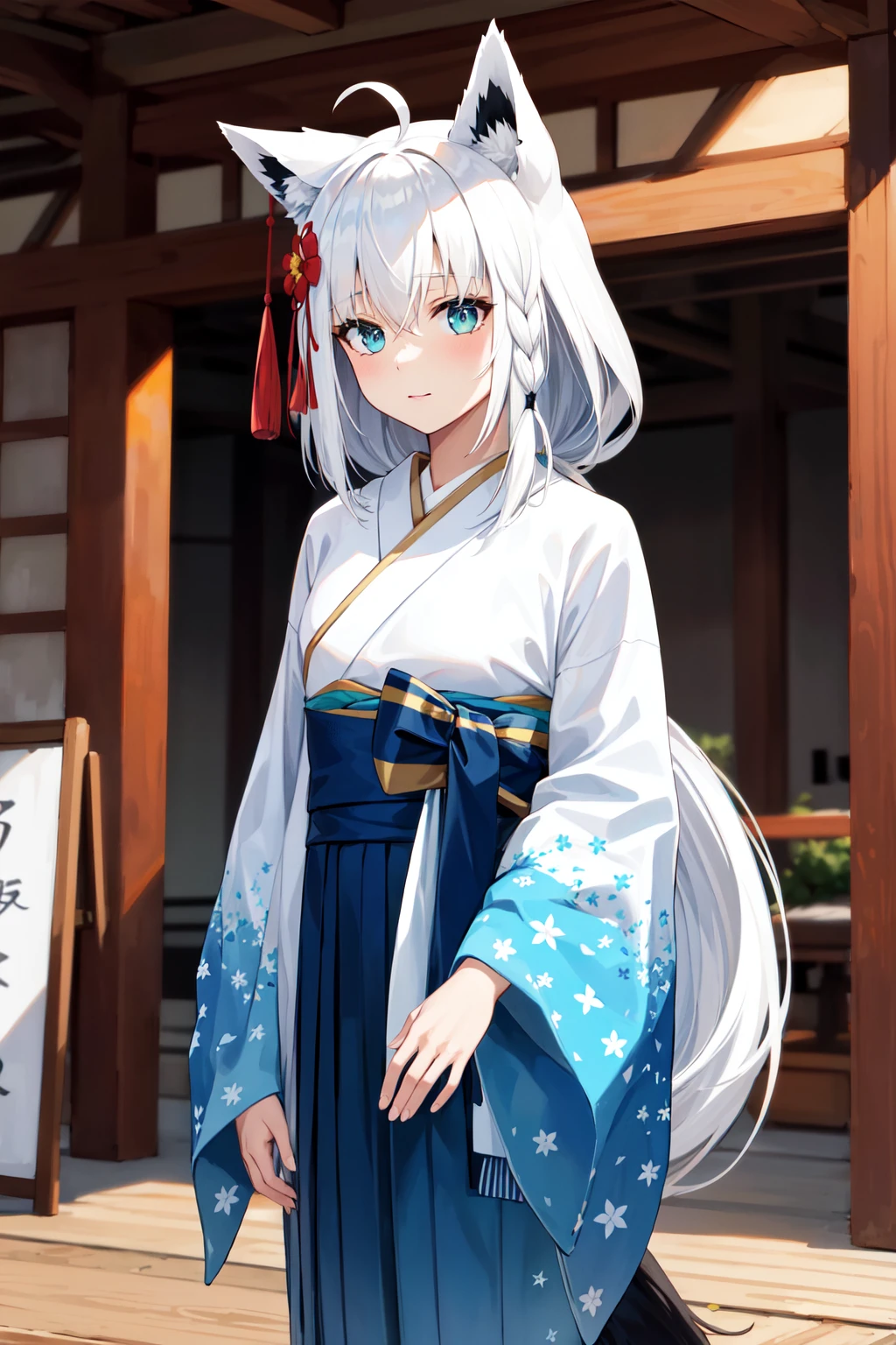 masterpiece, best quality, highres, ddfbk, long hair, ahoge, animal ears, hair flower, fox tail, japanese clothes, kimono, long sleeves, wide sleeves, sash, obi, hakama skirt, blue hakama, <lora:shirakami_fubuki_v1:0.8>, standing, cowboy shot, outdoors, shrine,