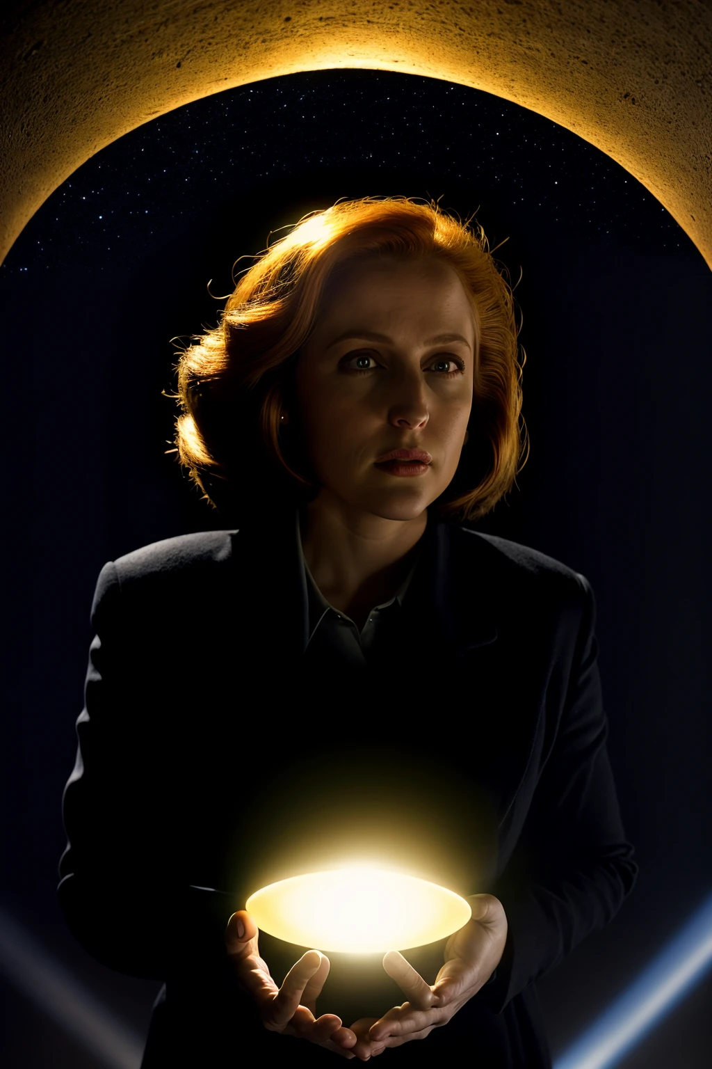 woman standing in a strong and blinding light from a flying saucer, night, dark sky, dramatic light, from above,
<lora:DanaScullySD_v2:1> agentscully