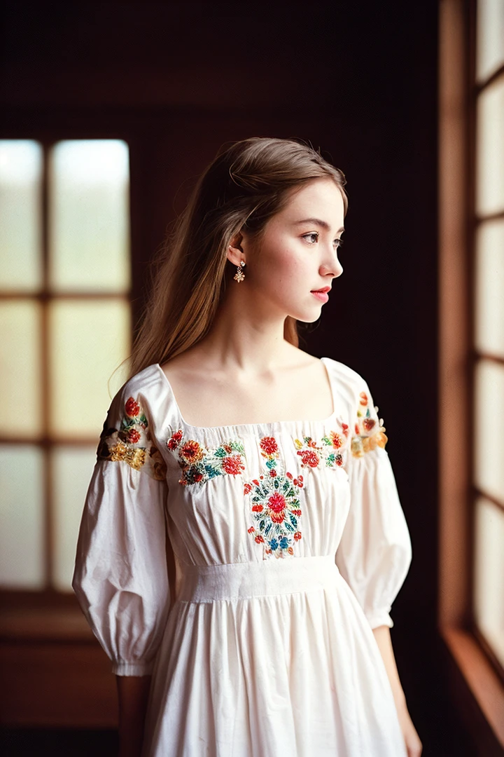 Fine art photography, (amateur photo), (analog photo:1.2,film grain),(A cute woman wearing an embroidered dress),vivid colours,realistic,photographic, (natural colors, correct white balance, color correction, dehaze,clarity), background rich in details, conceptual image,masterpiece, award winning photography