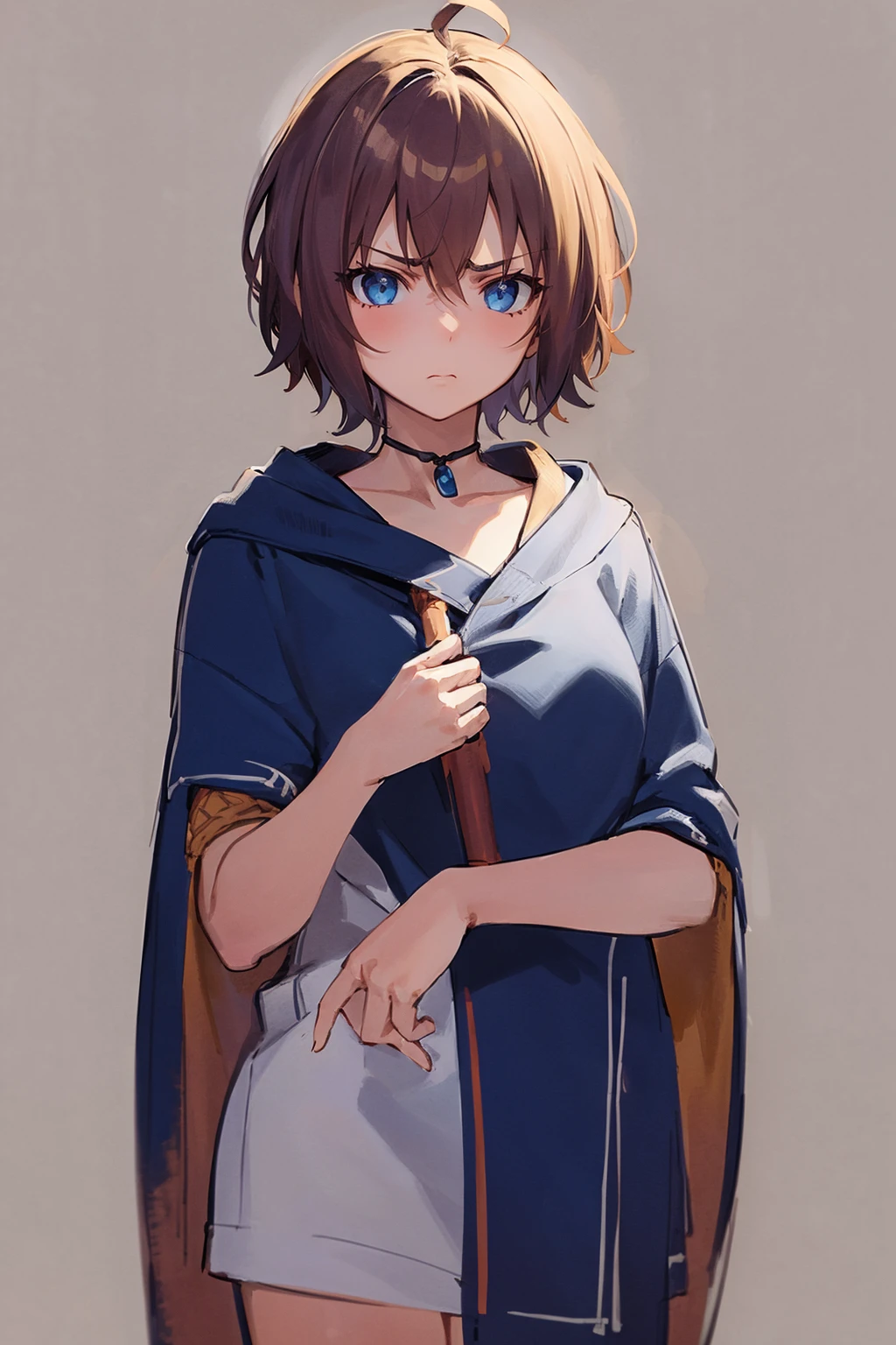 masterpiece, best quality, 1girl, ahoge, brown hair, short hair, blue eyes, poncho, tunic, choker, redgem,
serious, upper body, sketch, standing, solo, simple background <lora:GemstoneNecklaceV2:1>