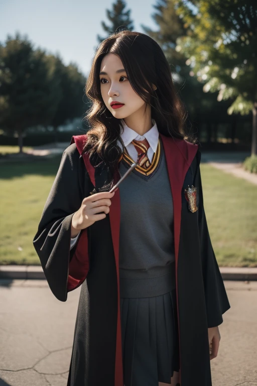 ltra-detailed,highly detailed,best quality,masterpiece,illustration,realistic,photorealistic,
1girl, solo, cosplay, 
gryffindor uniform, hogwarts school uniform, 
looking at viewer, cowboy shot, 
outdoors, photo background, 
 <lora:gryffindor uniform_v1_07:0.7>