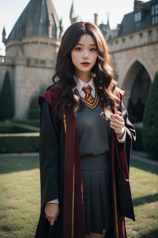 ltra-detailed,highly detailed,best quality,masterpiece,illustration,realistic,photorealistic,
1girl, solo, cosplay, 
gryffindor uniform, hogwarts school uniform, 
looking at viewer, cowboy shot, 
outdoors, photo background, 
 <lora:gryffindor uniform_v1_07:0.7>