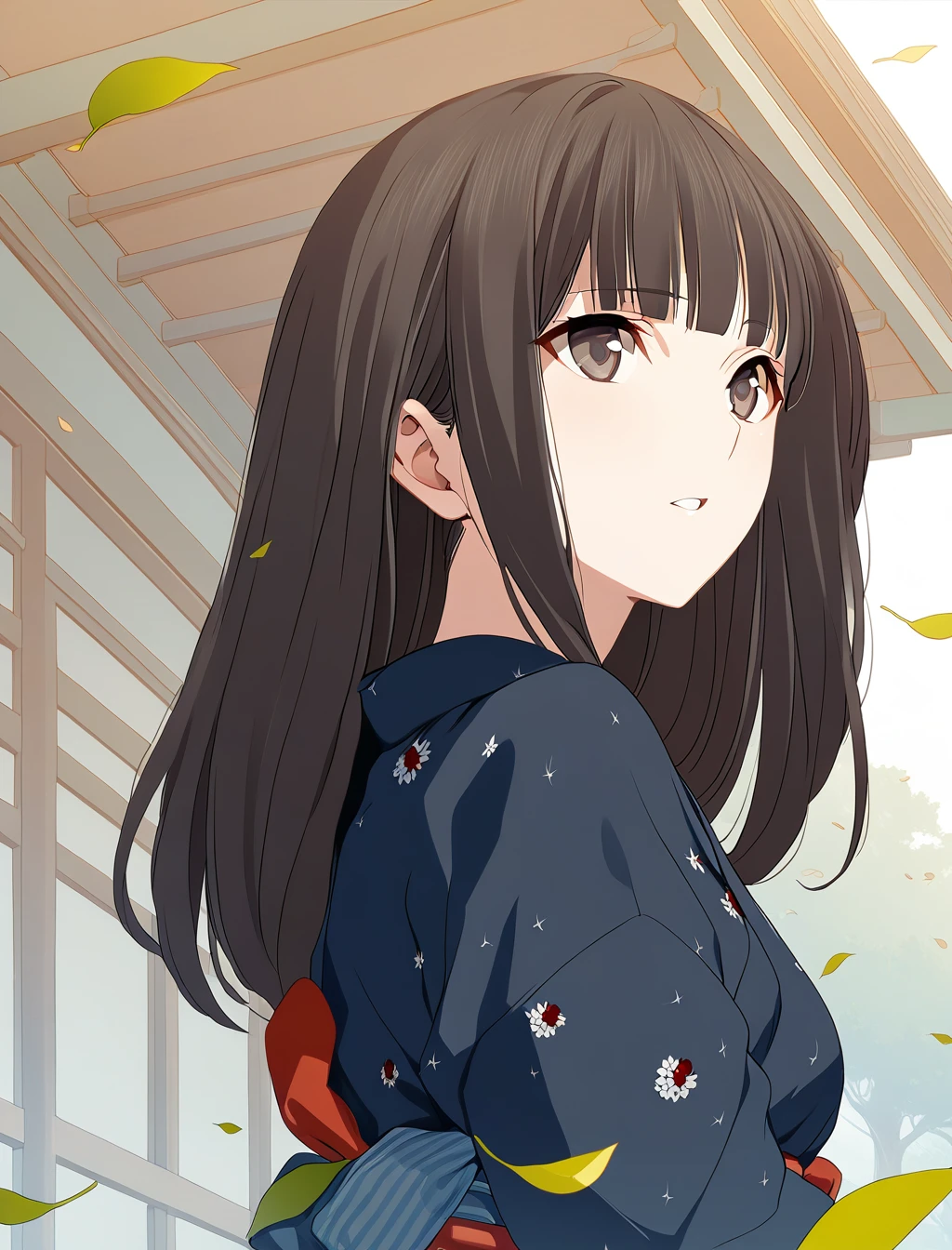 1girl,nagumo kasumi,black kimono,white flower pattern,parted lips,leaf,falling leaves,outdoors,wind,masterpiece,solo,best quality,game cg,(illustration:1.2),(extremely fine and beautiful),(perfect details),(unity CG 8K wallpaper:1.05),(ray tracing),(beautiful and clear background:1.25),(depth of field:0.6). (detailed beautiful eyes:1.2),(beautiful face:1.2),<lora:NagumoKasumiXL:1>,