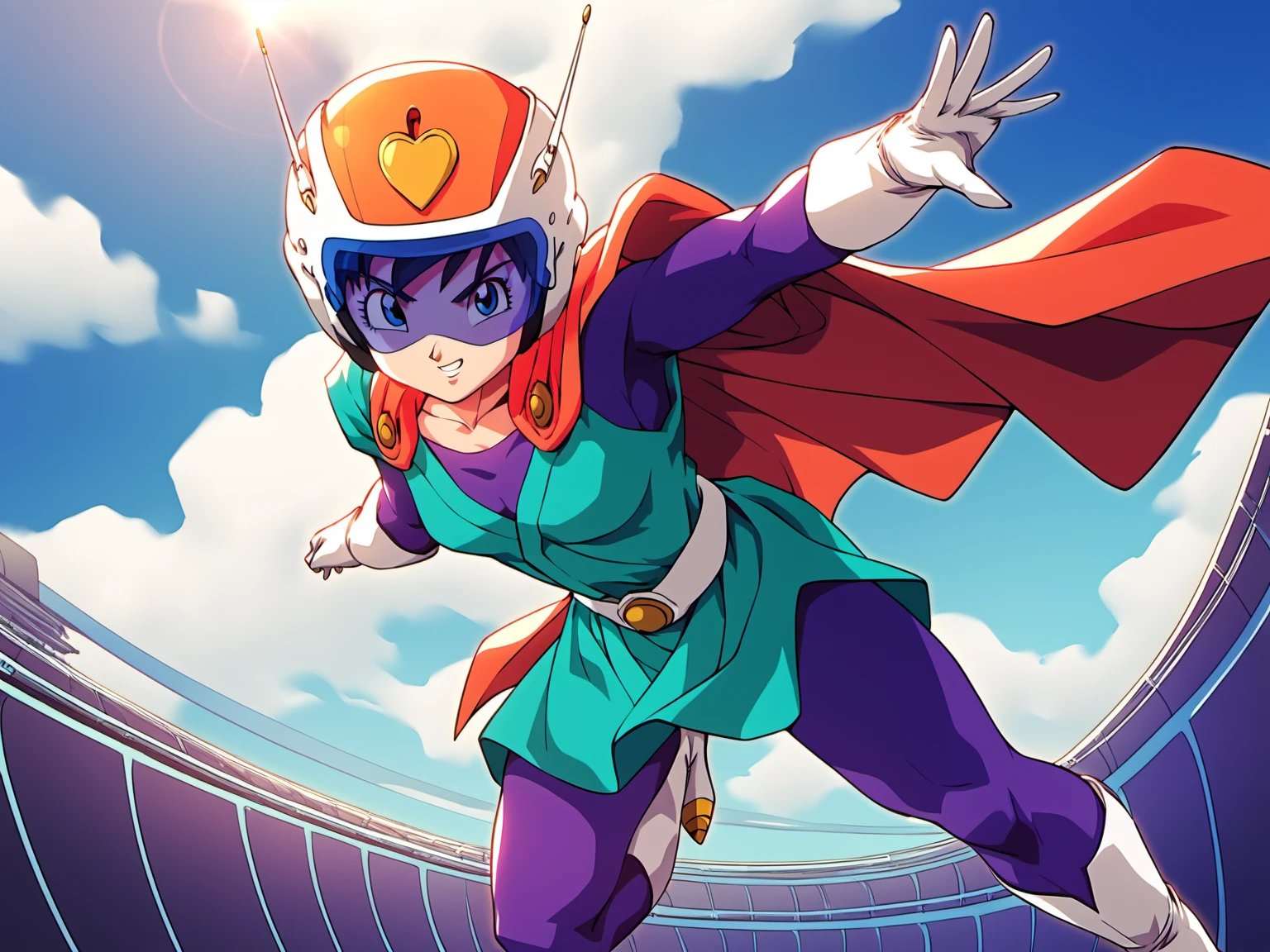 Saiyawoman, 1girl, blue eyes, cape, shadows, <lora:VidelSDXLMulti-Test-16-16-C-Test-2:0.85>, masterpiece, best quality, absurdres, perfect lighting, score_9, score_8_up, score_7_up source_anime, helmet, flying over city, visor
