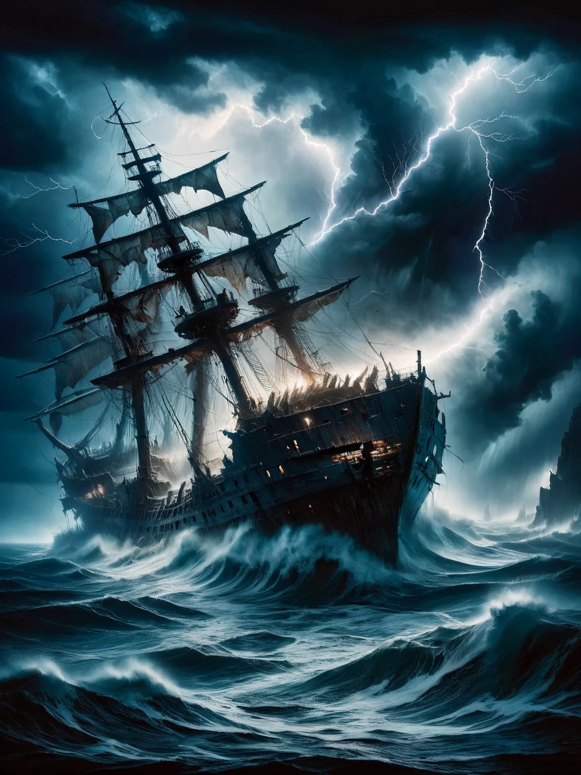 A stormy ais-crsd sea with a shipwreck emerging from the tumultuous waves, lightning illuminating the scene intermittently. <lora:ais-crsd-sdxl:1>