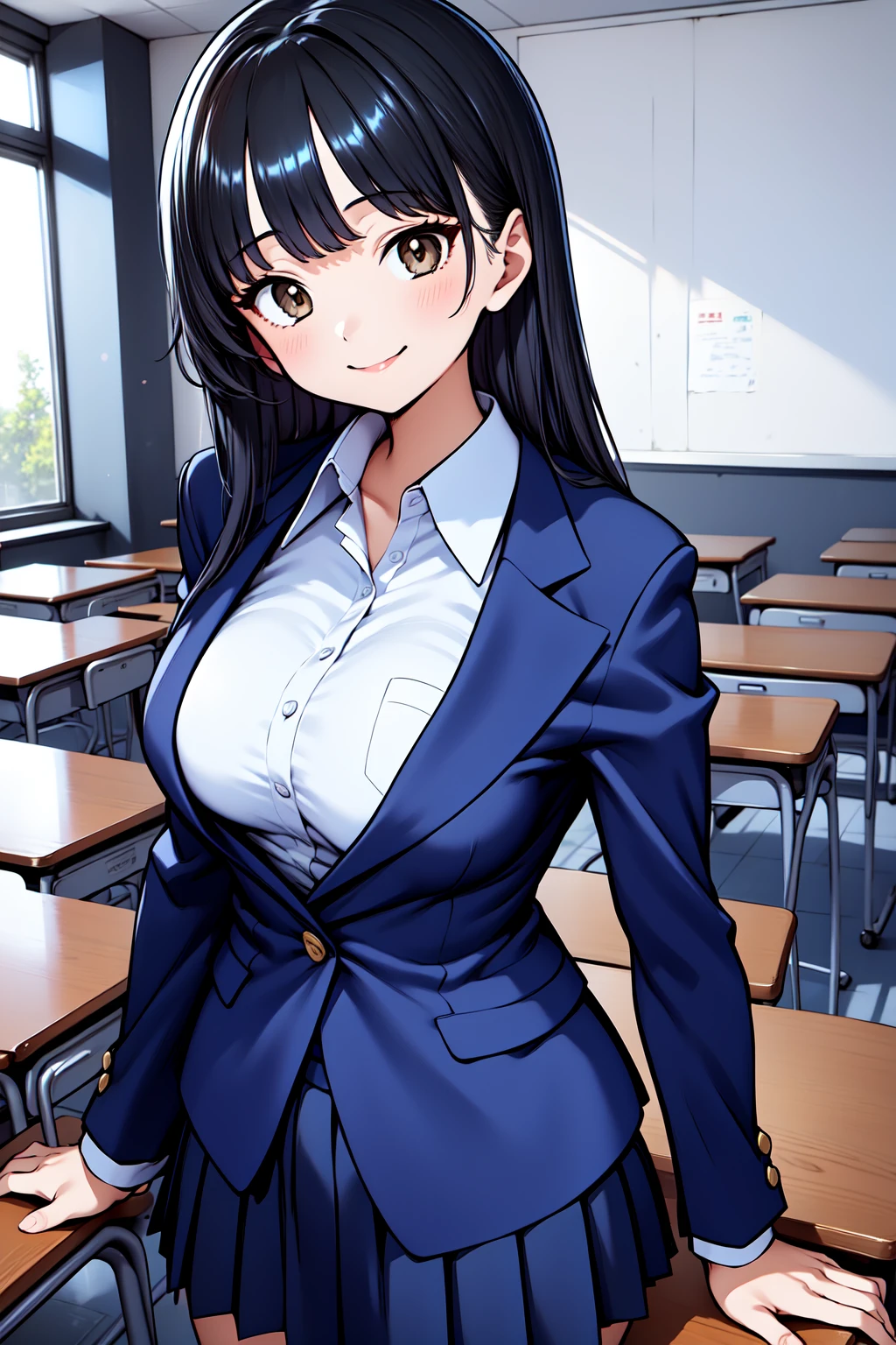 1girl, cowboy shot, classroom, smile,
yamada_anna, brown eyes, black hair, long hair, bangs, school uniform, blazer, jacket, white shirt, collared shirt, pleated skirt, blue skirt, <lora:yamada_anna_lora_ver2:0.7>, best quality, masterpiece, highres, <lora:GoodHands-vanilla:1>